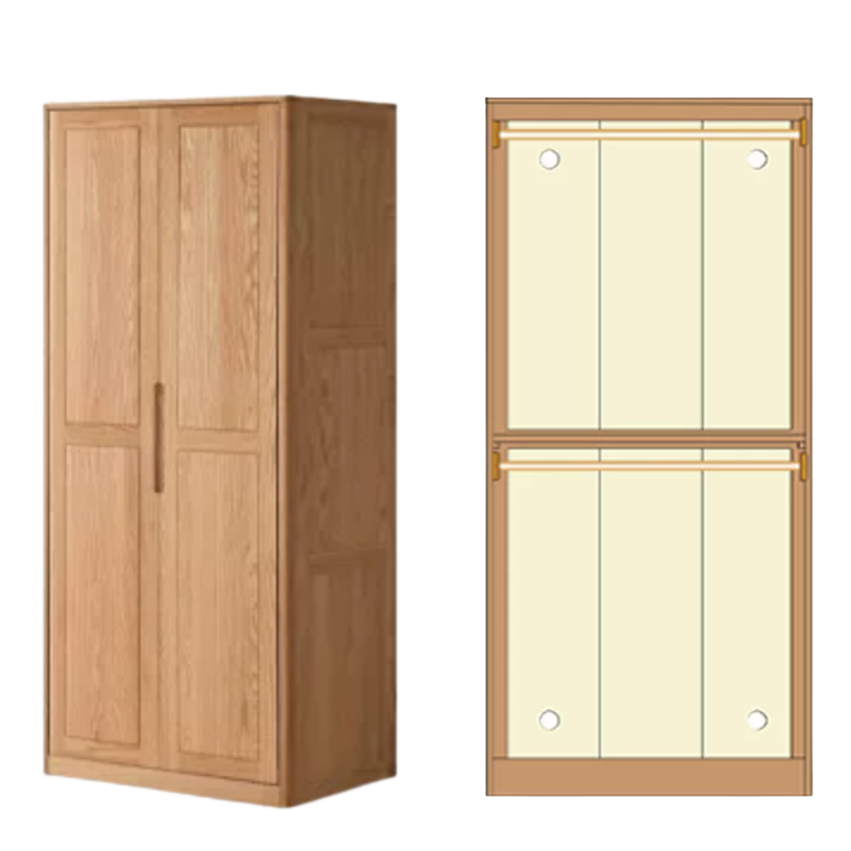 Oak solid wood Wardrobe with Flat Panel Doors and Groove Handles