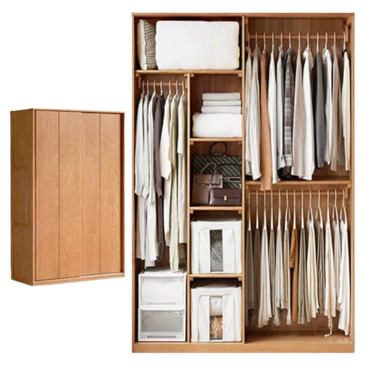 Cherry Wood Sliding Door Wardrobe Armoire with Hanging Rod and Shelves