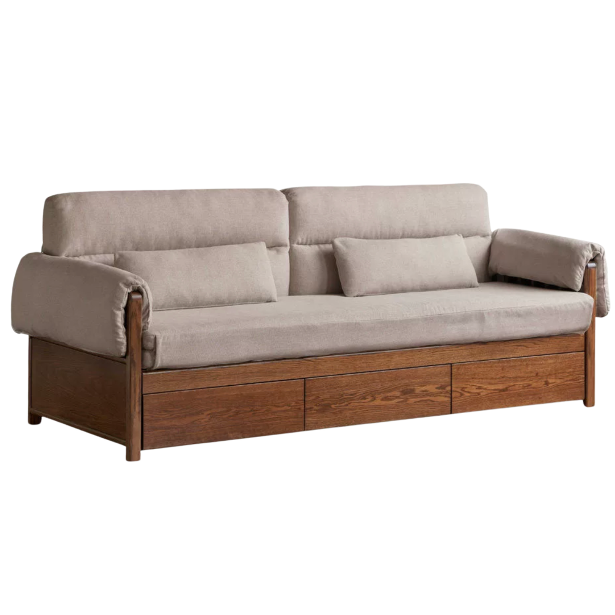 Oak Solid Wood Pull-Out Sleeper Sofa with Under-Seat Storage Drawers