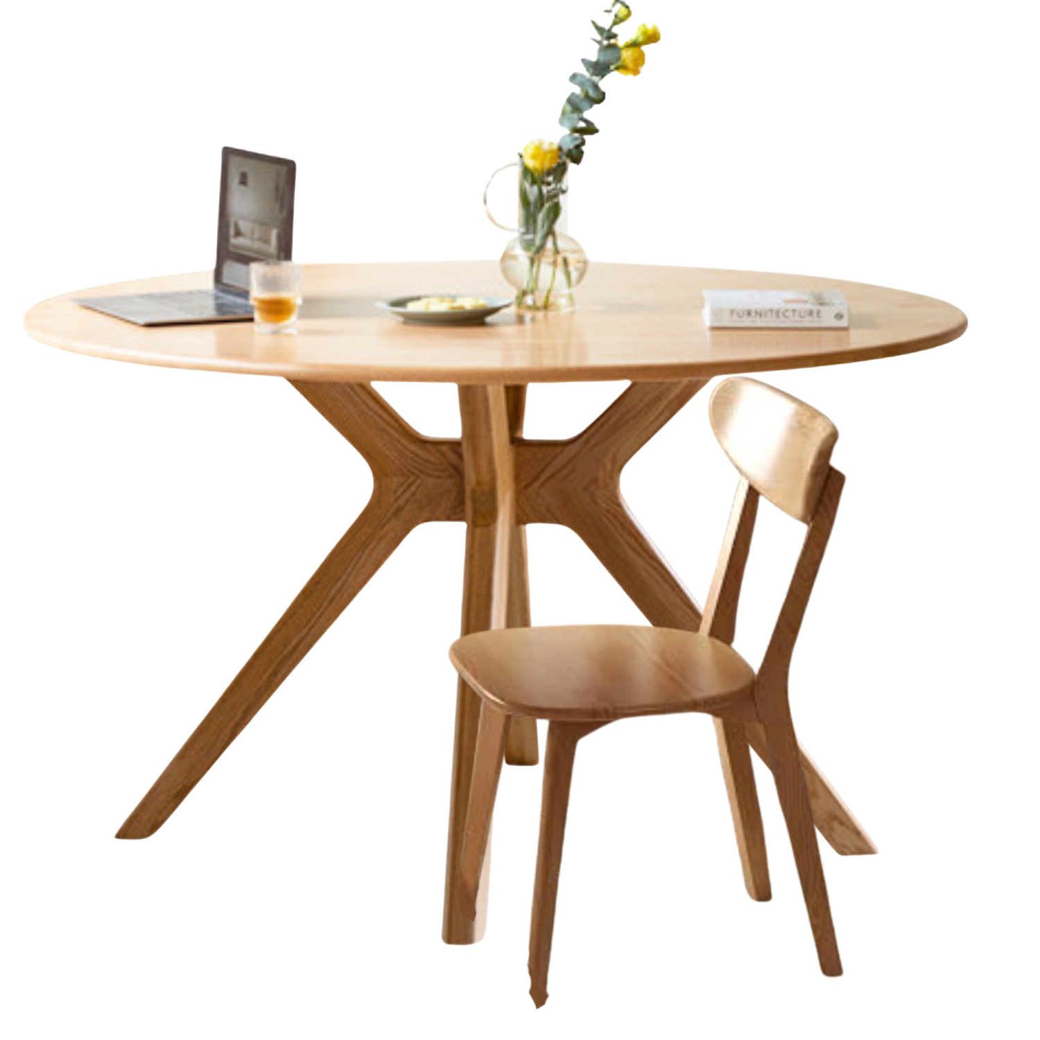 Black Walnut, Oak Solid Wood Round Dining Table with X-Shape Crossed Legs