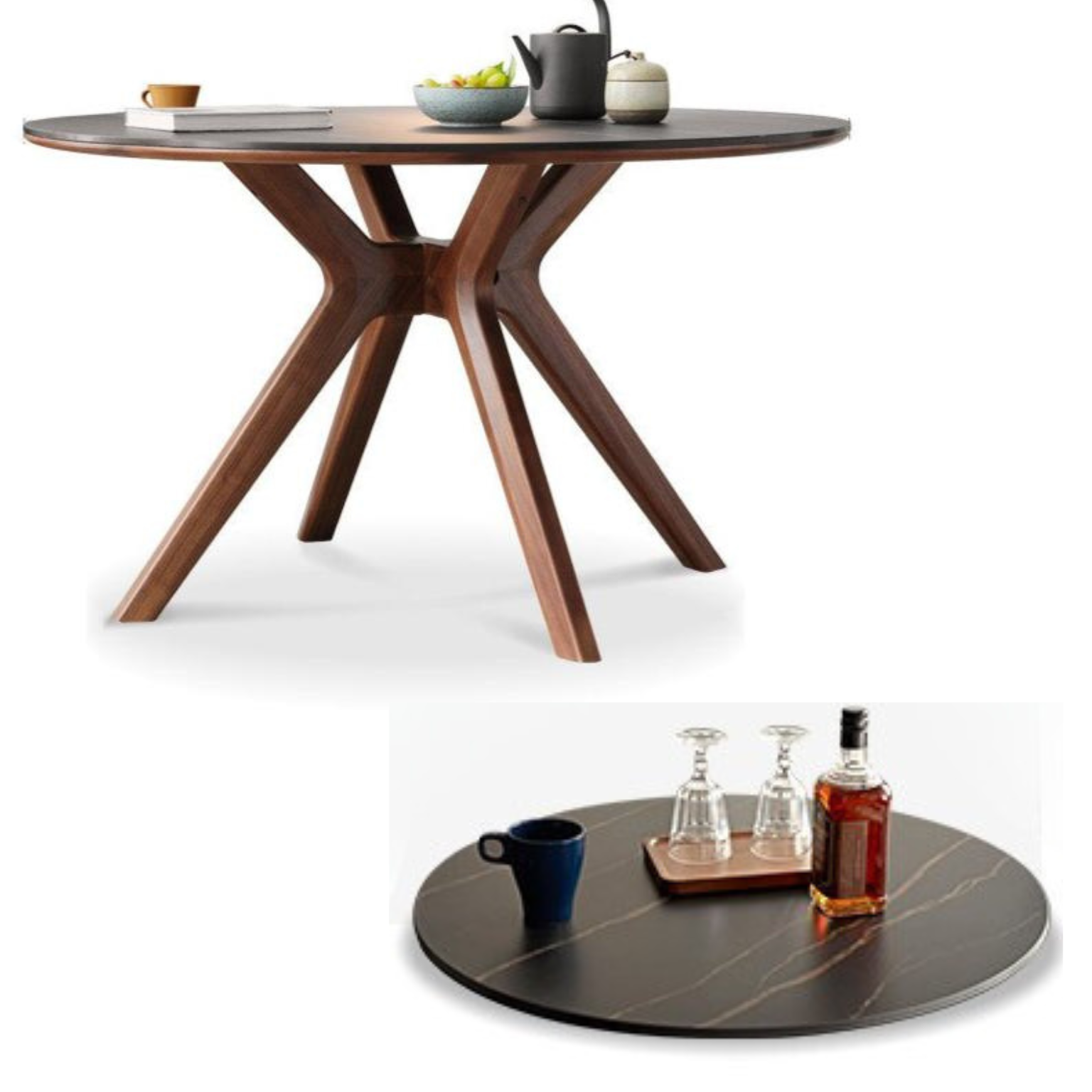 Black Walnut Solid Wood Rock Board Round Table With Turntable