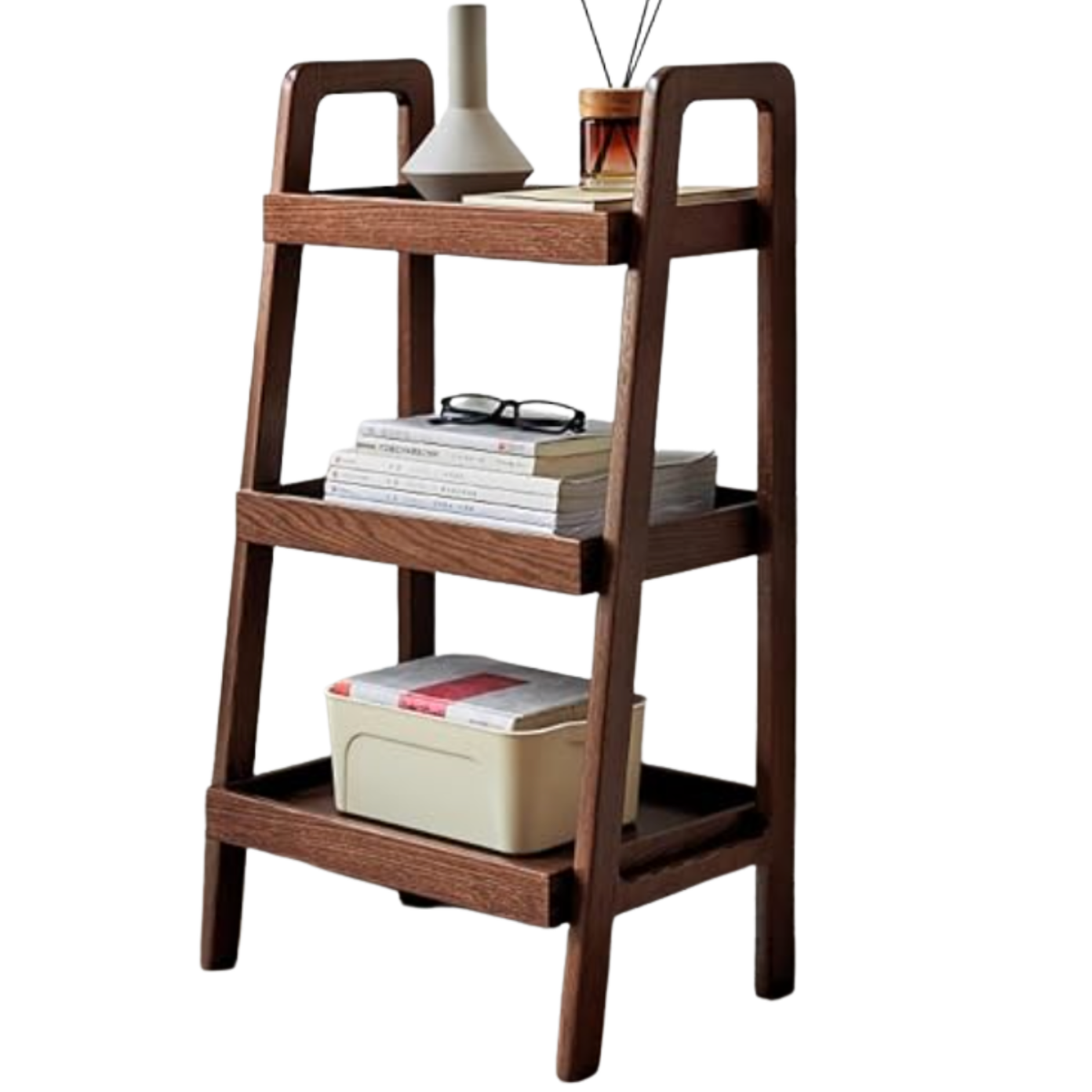 Black Walnut, Oak Solid Wood Trapezoidal Three-Tier Bookshelf, Side Table