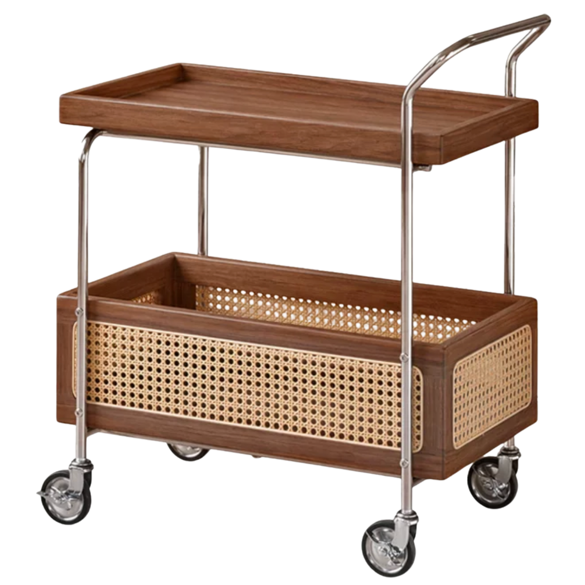 Black Walnut, Ash, Oak, Poplar Solid Wood Side Table with Double Layer Storage and Mobile Trolley