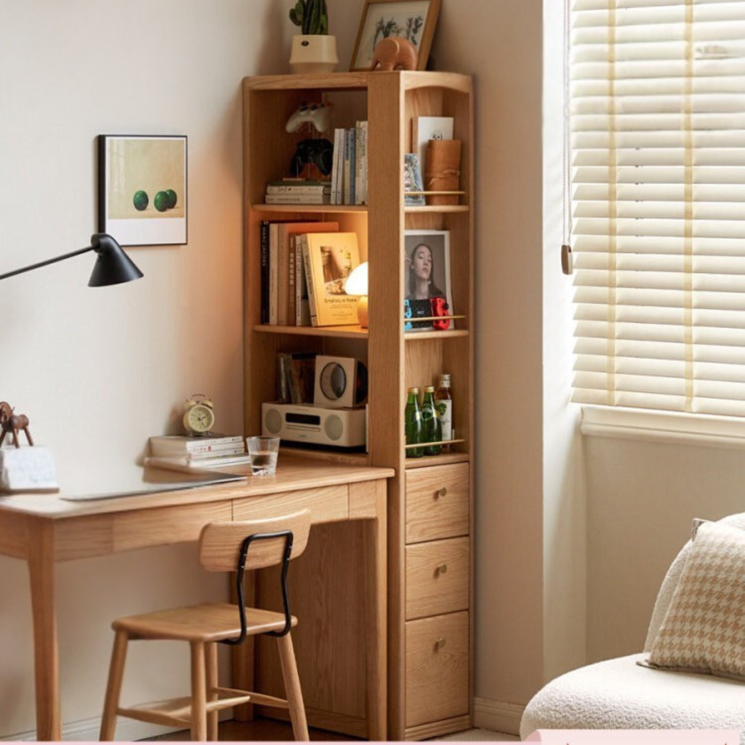 Cherry Solid Wood Retro Bookcase With Drawer