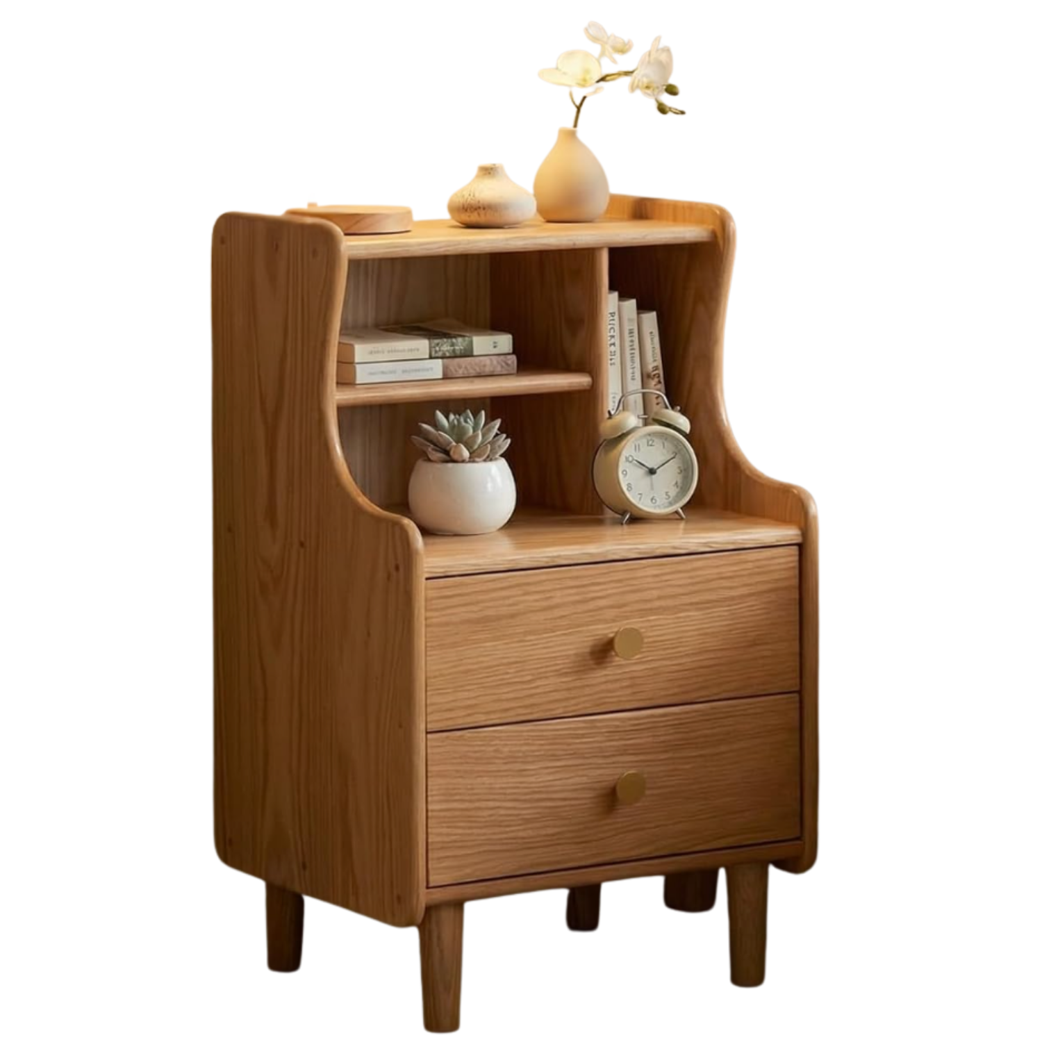 Oak Solid Wood Nightstand with Asymmetrical Open Bookshelf and Two Drawers