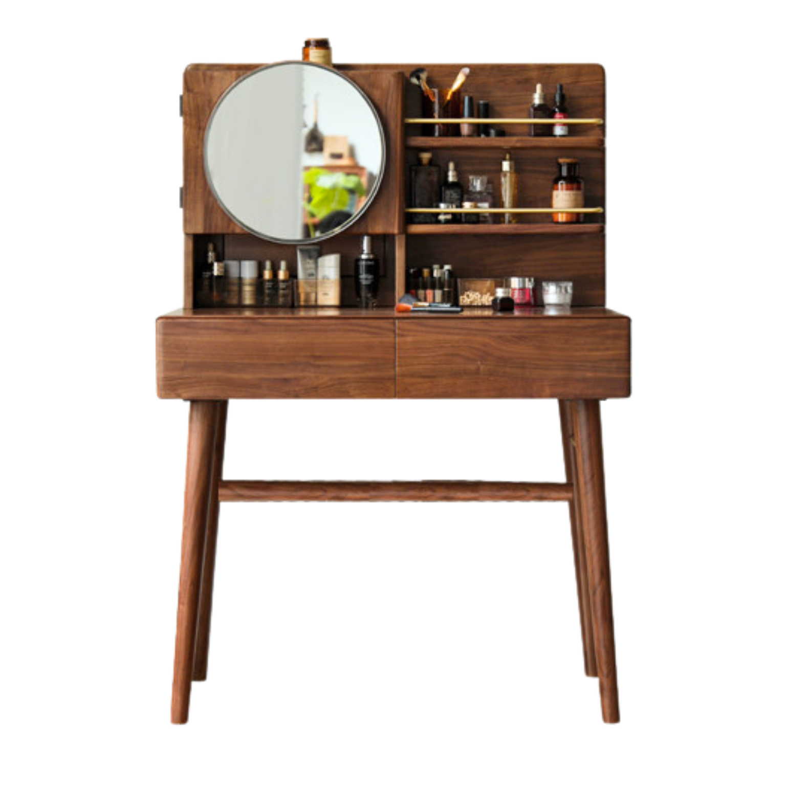 Black walnut solid wood makeup cabinet table with round mirror-