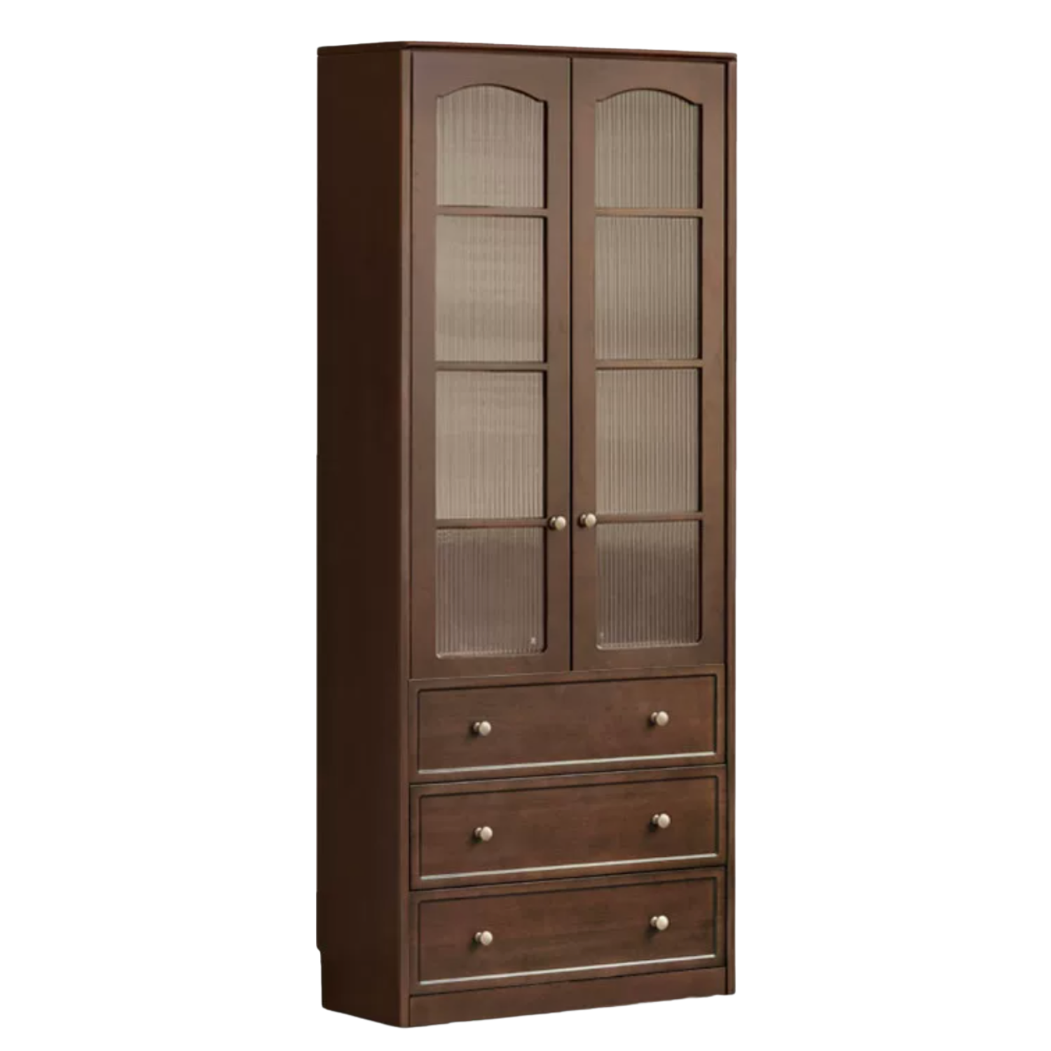 Black Walnut, Poplar Solid Wood French Country Bookcase with Arched Crown and Glass Doors