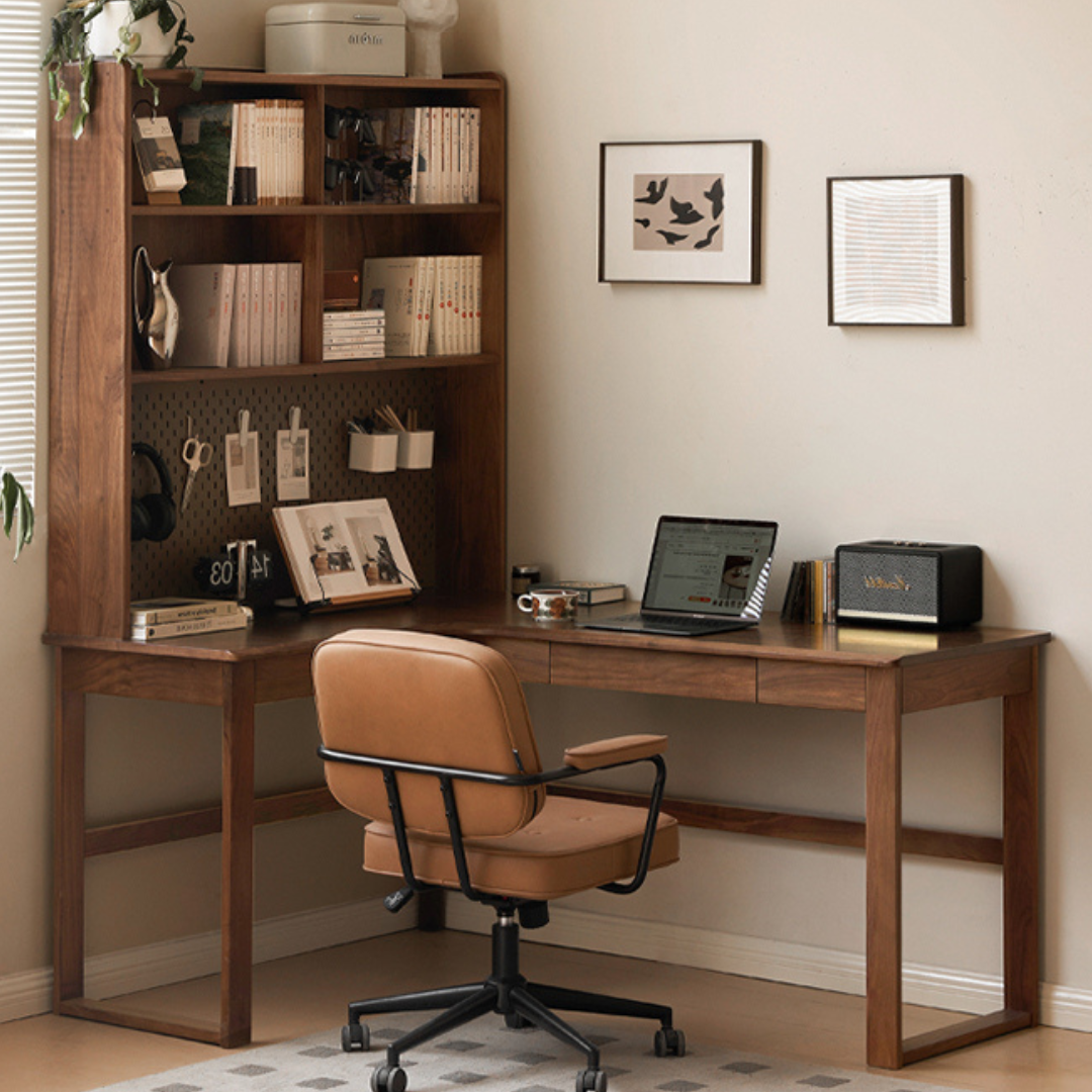 Black Walnut, Oak Solid Wood Corner Desk Bookshelf