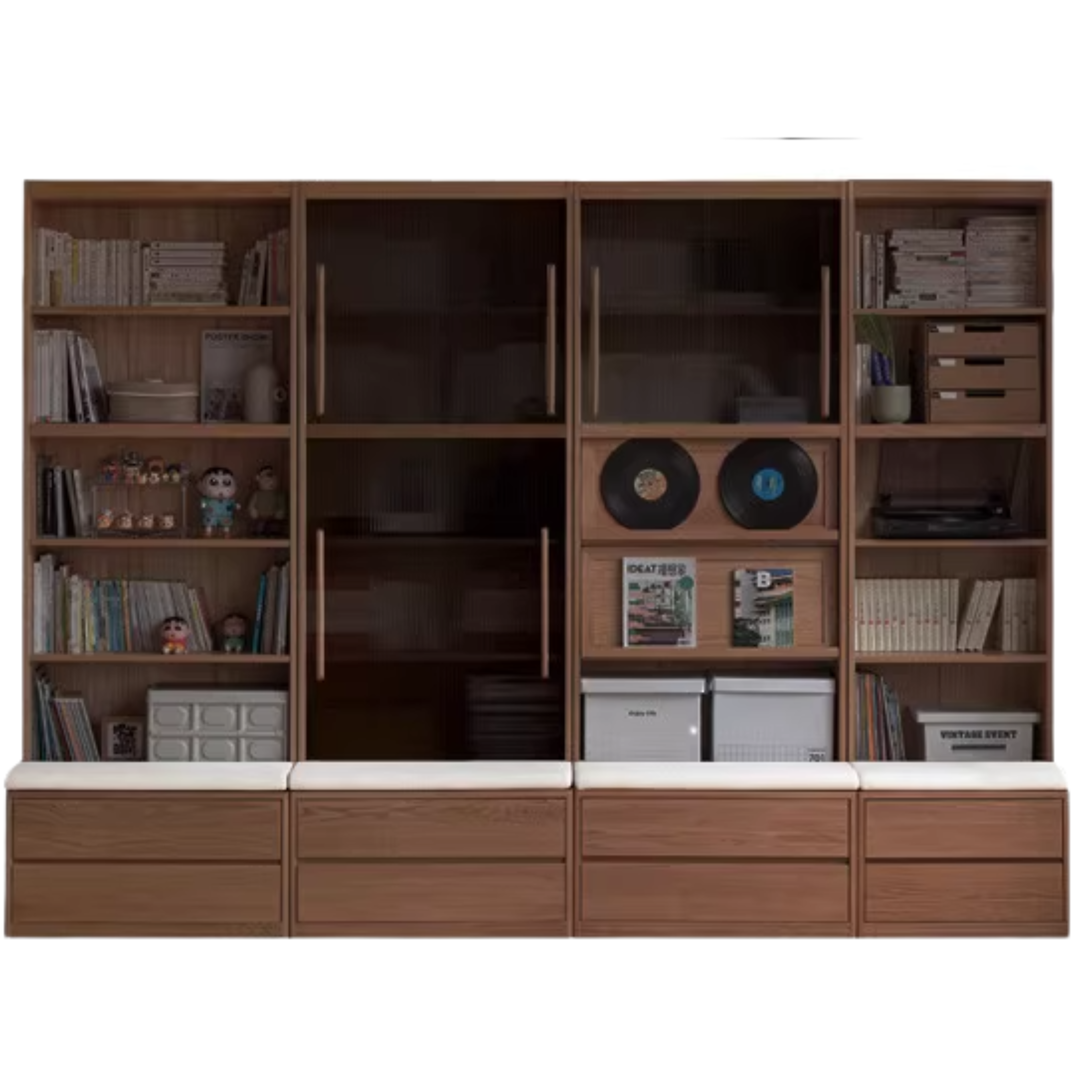 Black Walnut, Oak, Sandalwood, Ash Solid Wood Light Luxury Combined Bookshelf With Seat