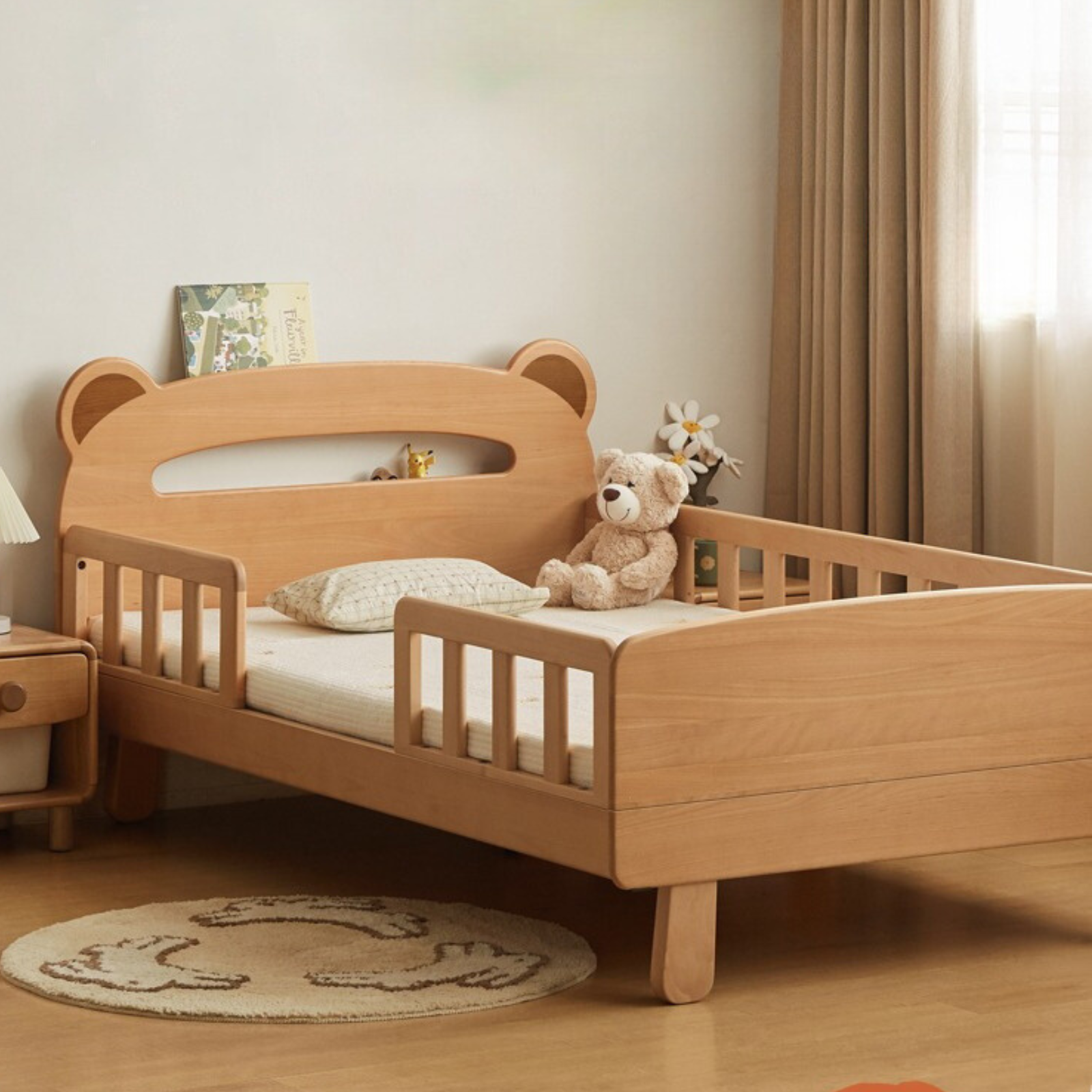 Beech solid wood children's guardrail bed with light