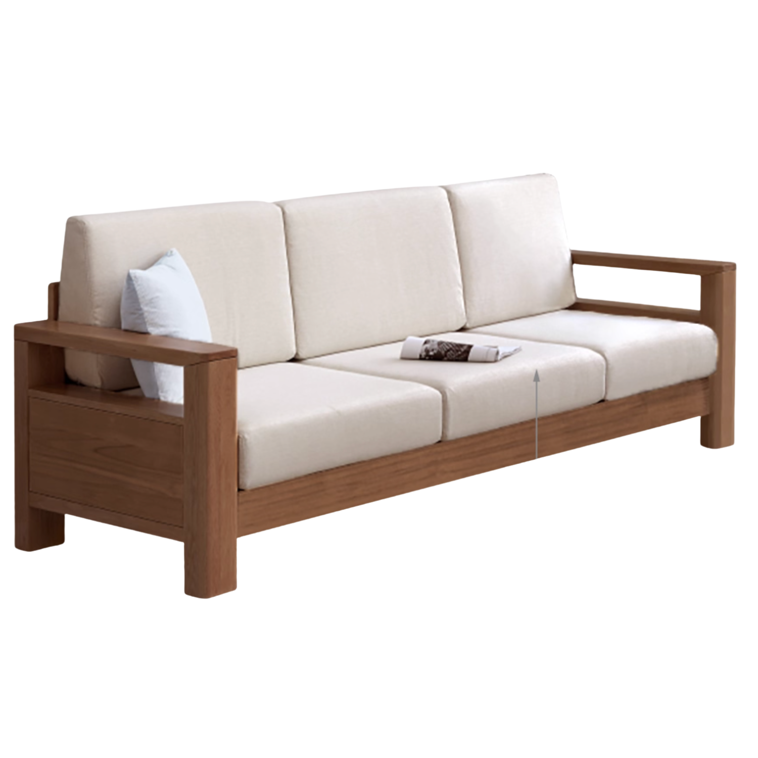 Oak, Solid Rubberwood Walnut Color Fabric Sofa.