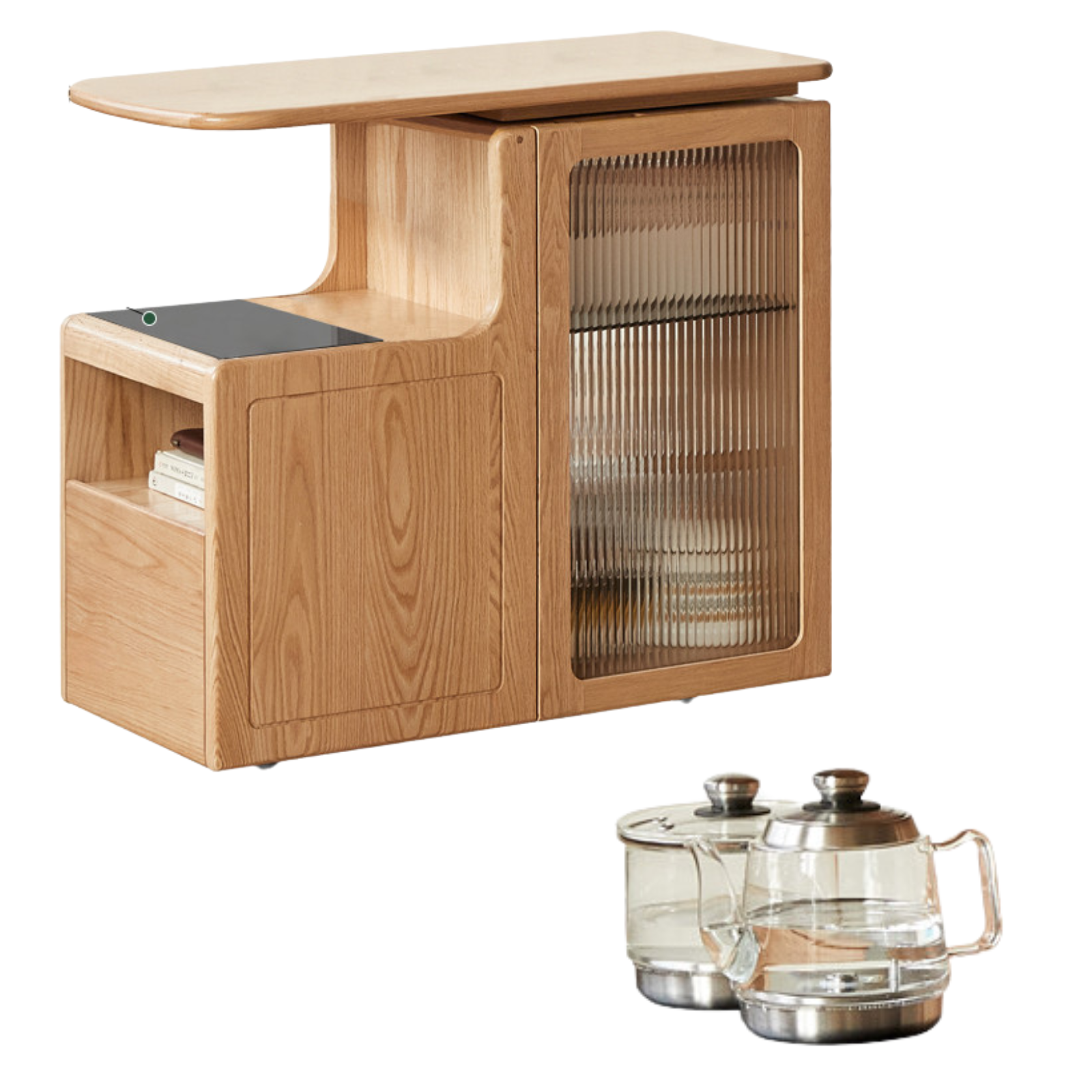 Oak, Black walnut solid wood movable tea cabinet with tea maker