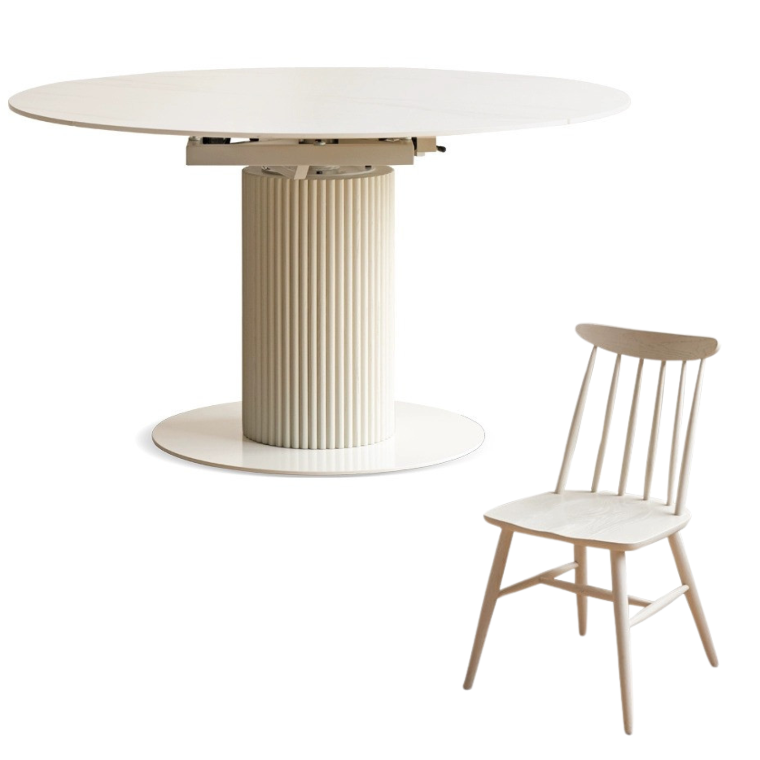 Oak Solid Wood Rock Plate Round retractable dining Table Cream,