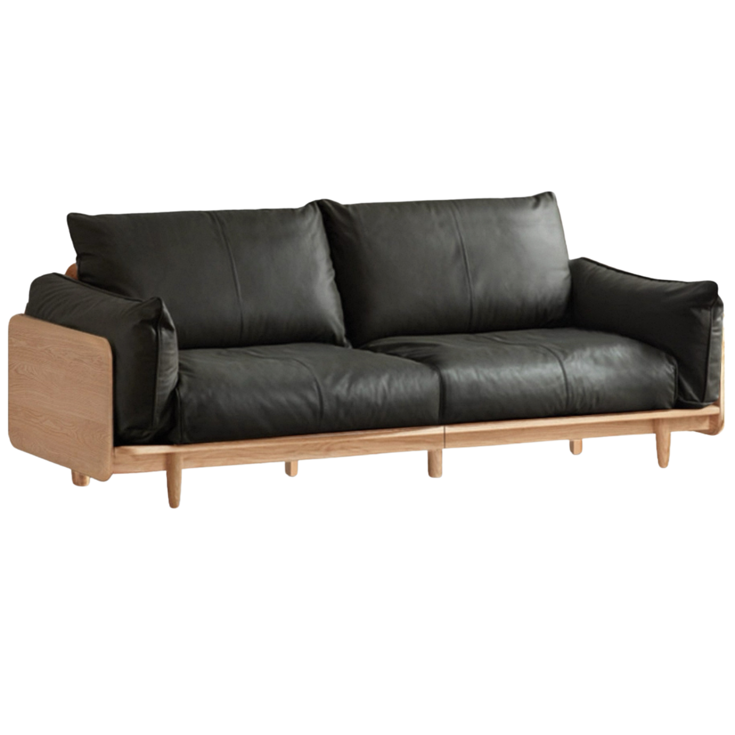 Oak, Ash Solid Wood Sofa with Exposed Wide Arms, High-Back, Genuine leather -fabric