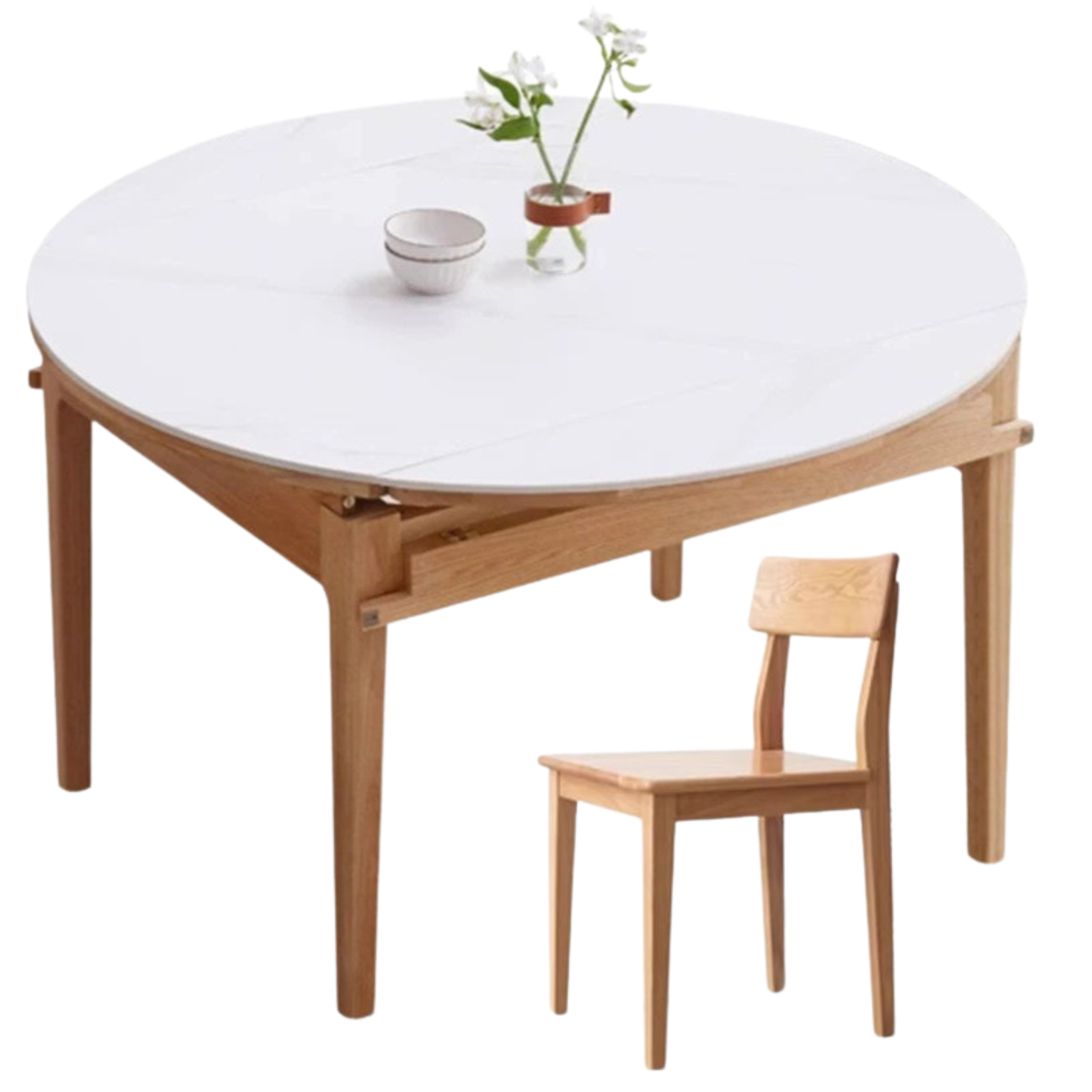 Oak solid wood folding round retractable dining table