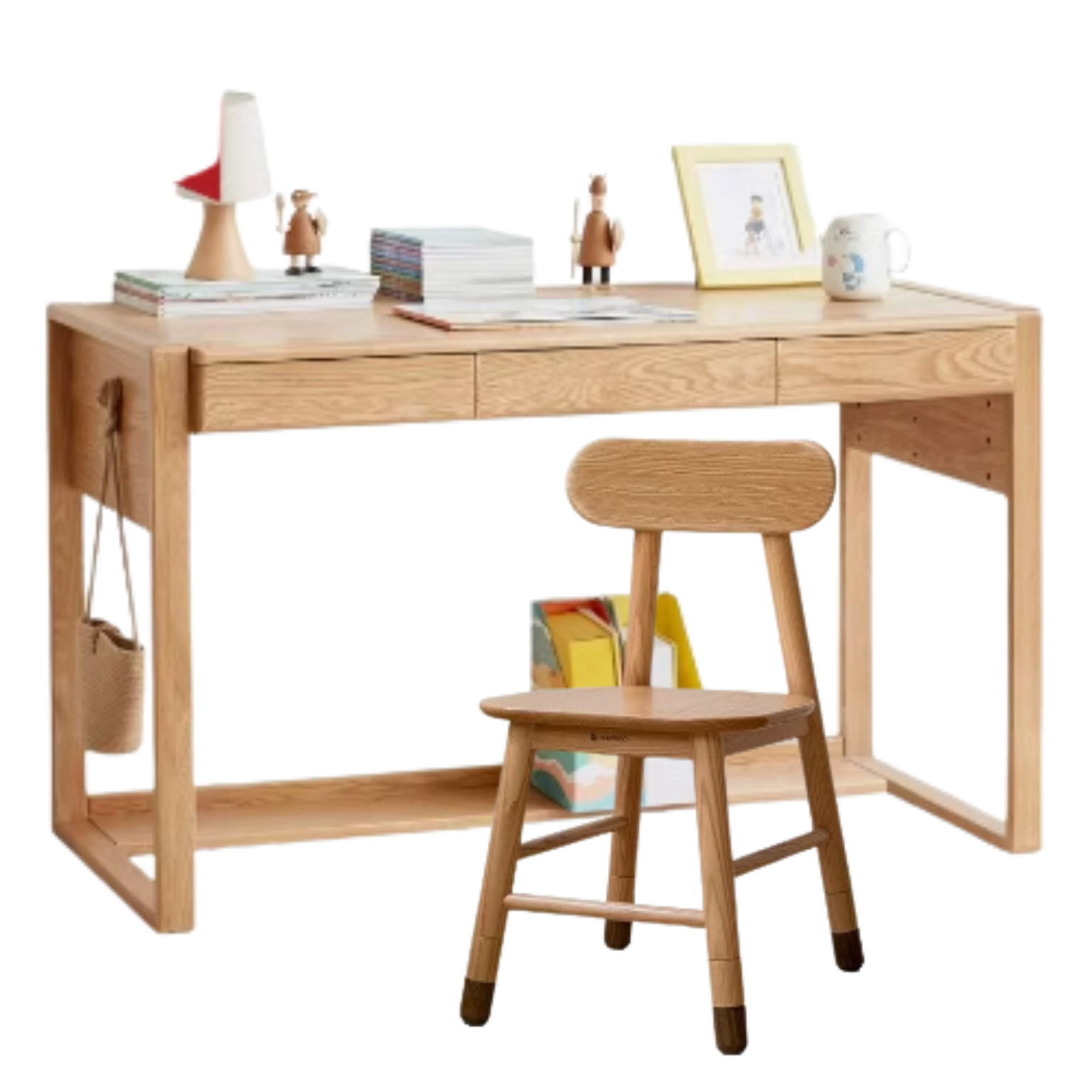 Oak children's modern study table can be raised and lowered