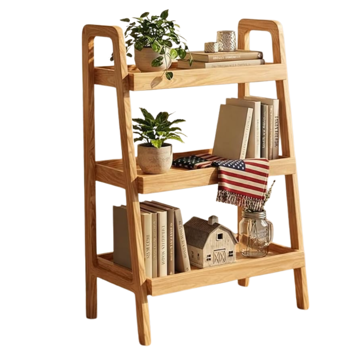 Black Walnut, Oak Solid Wood Trapezoidal Three-Tier Bookshelf, Side Table