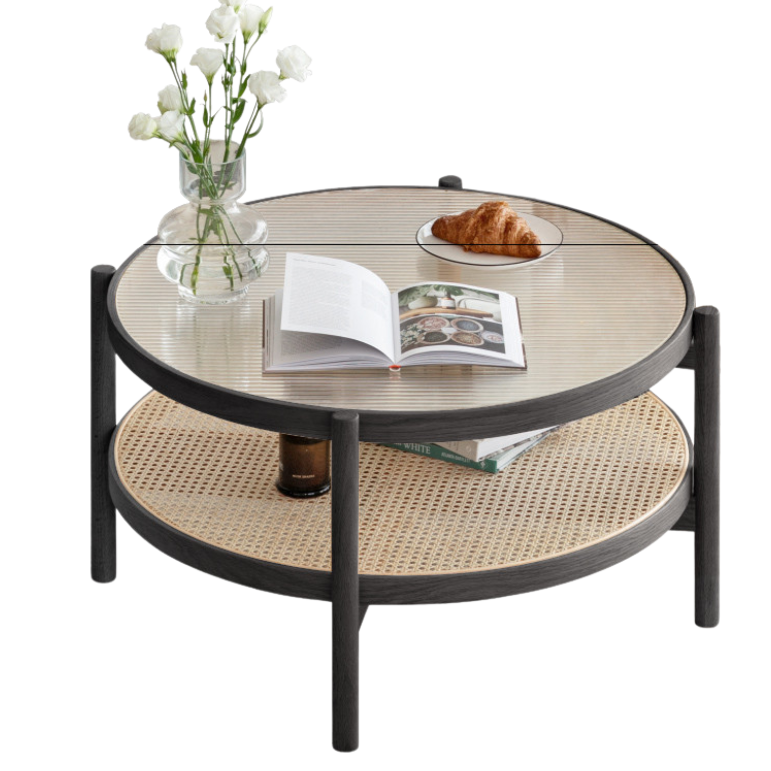 Oak Solid Wood Rattan Black Glass Round Coffee Table