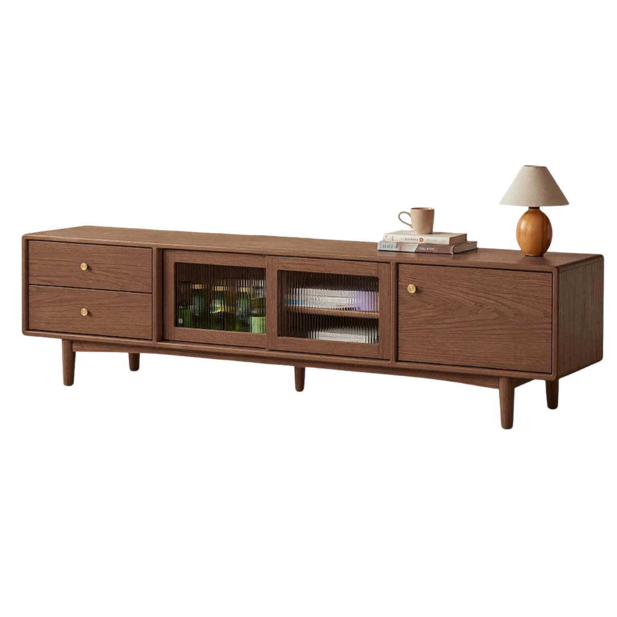 Ash Solid Wood Mid-Century TV Console with Fluted Glass Sliding Doors