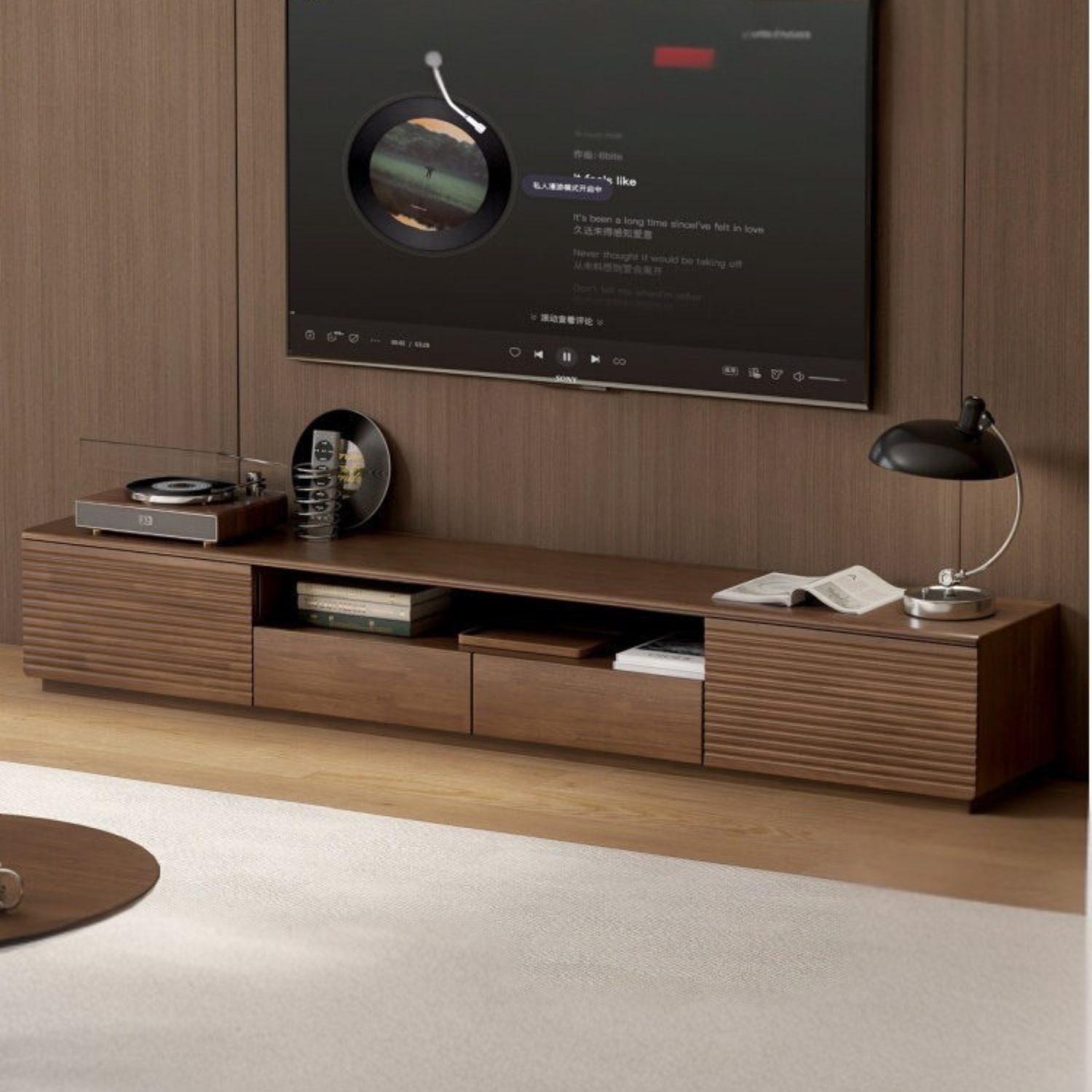 Solid RubberWood Fluted TV Media Console with Drawers and Open Shelf