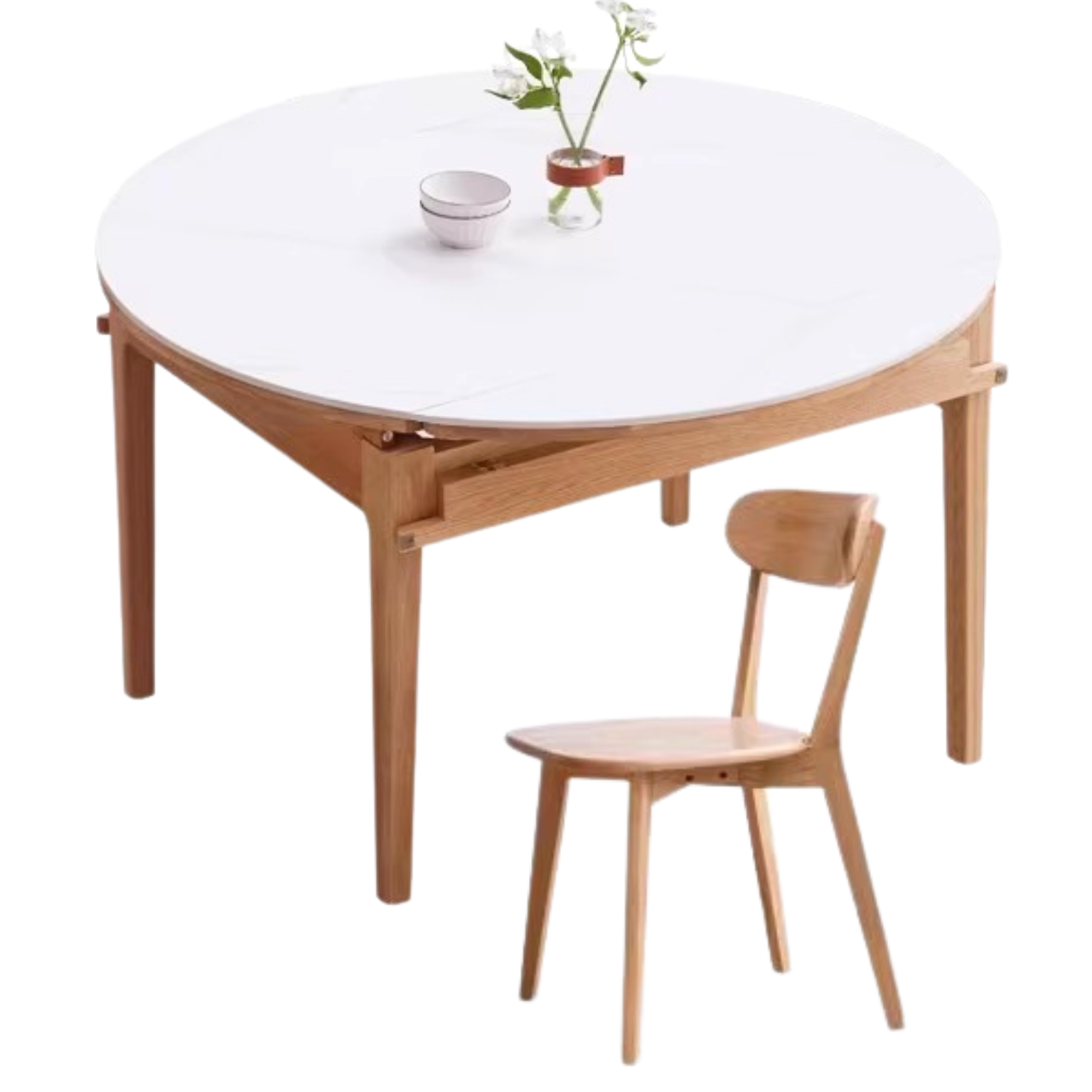 Oak solid wood Round folding dining table with rock slab surface,