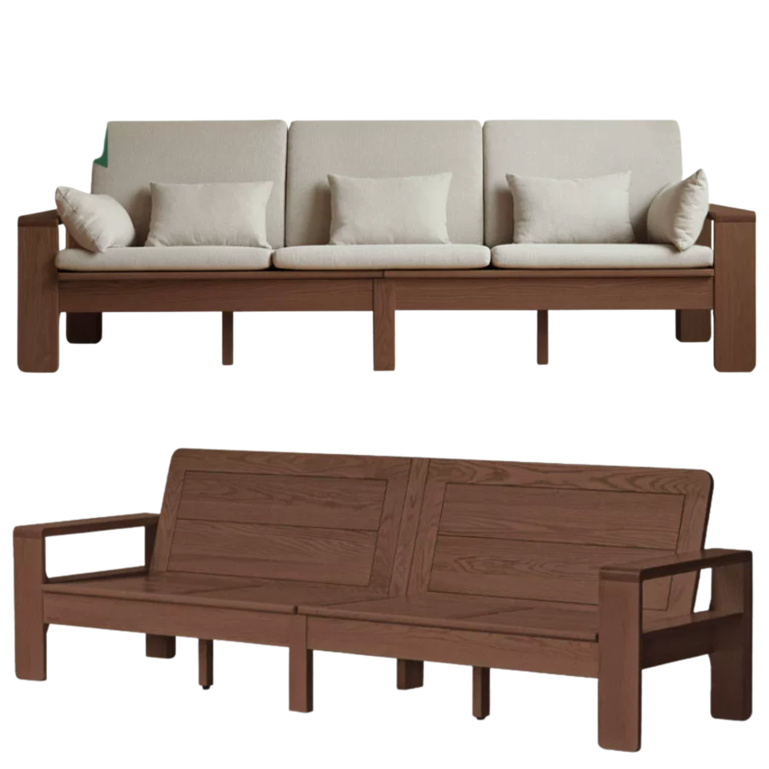 Oak, Rubberwood, Ash solid wood Frame Sofa with Vertical Slat Back and Linen Cushions