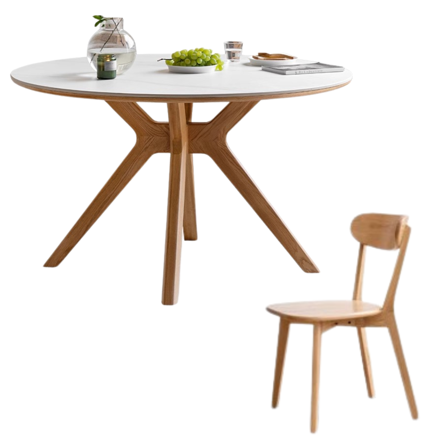 Oak solid Wood Round Nordic dining table with rock slab surface,