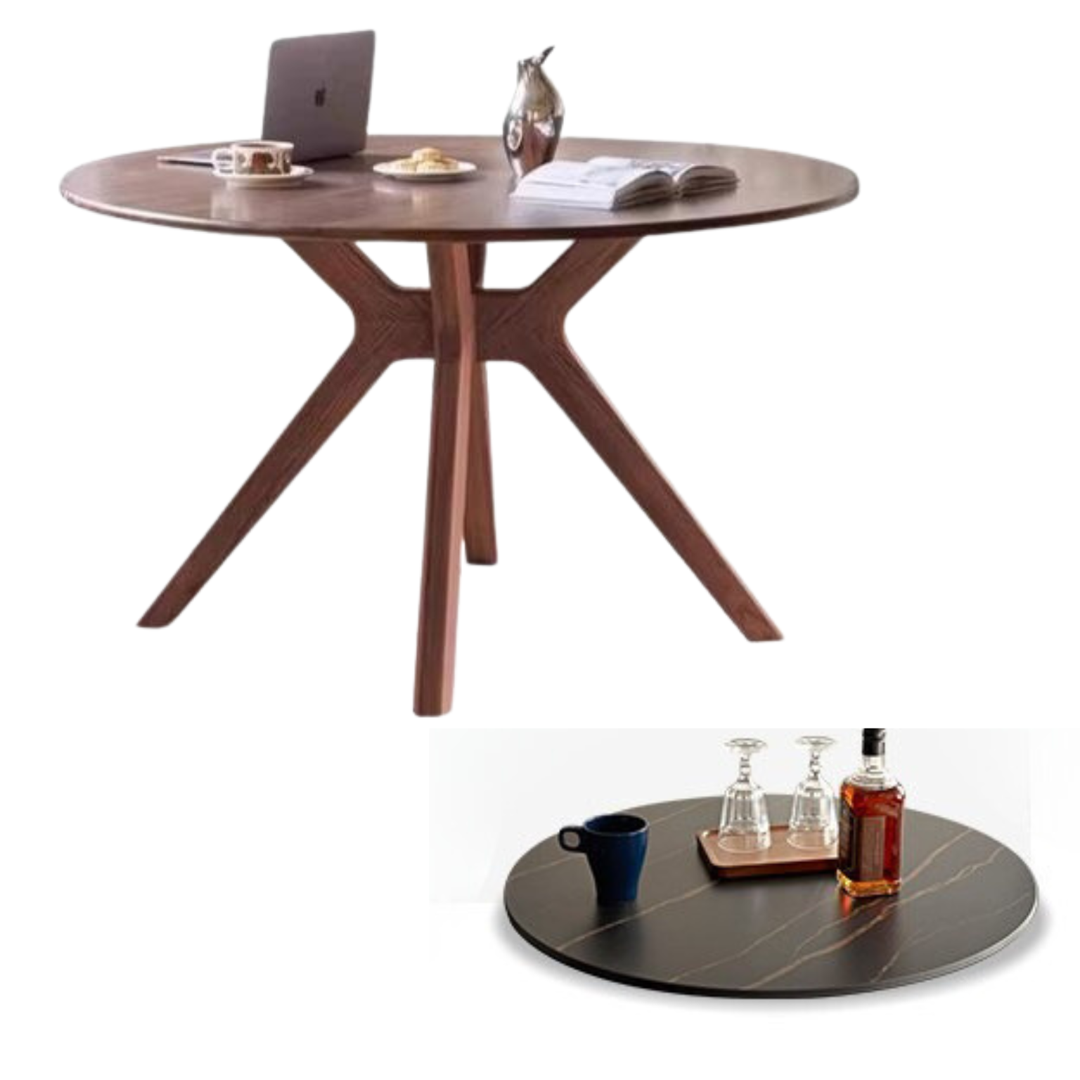 Black Walnut Solid Wood Rock Board Round Table With Turntable