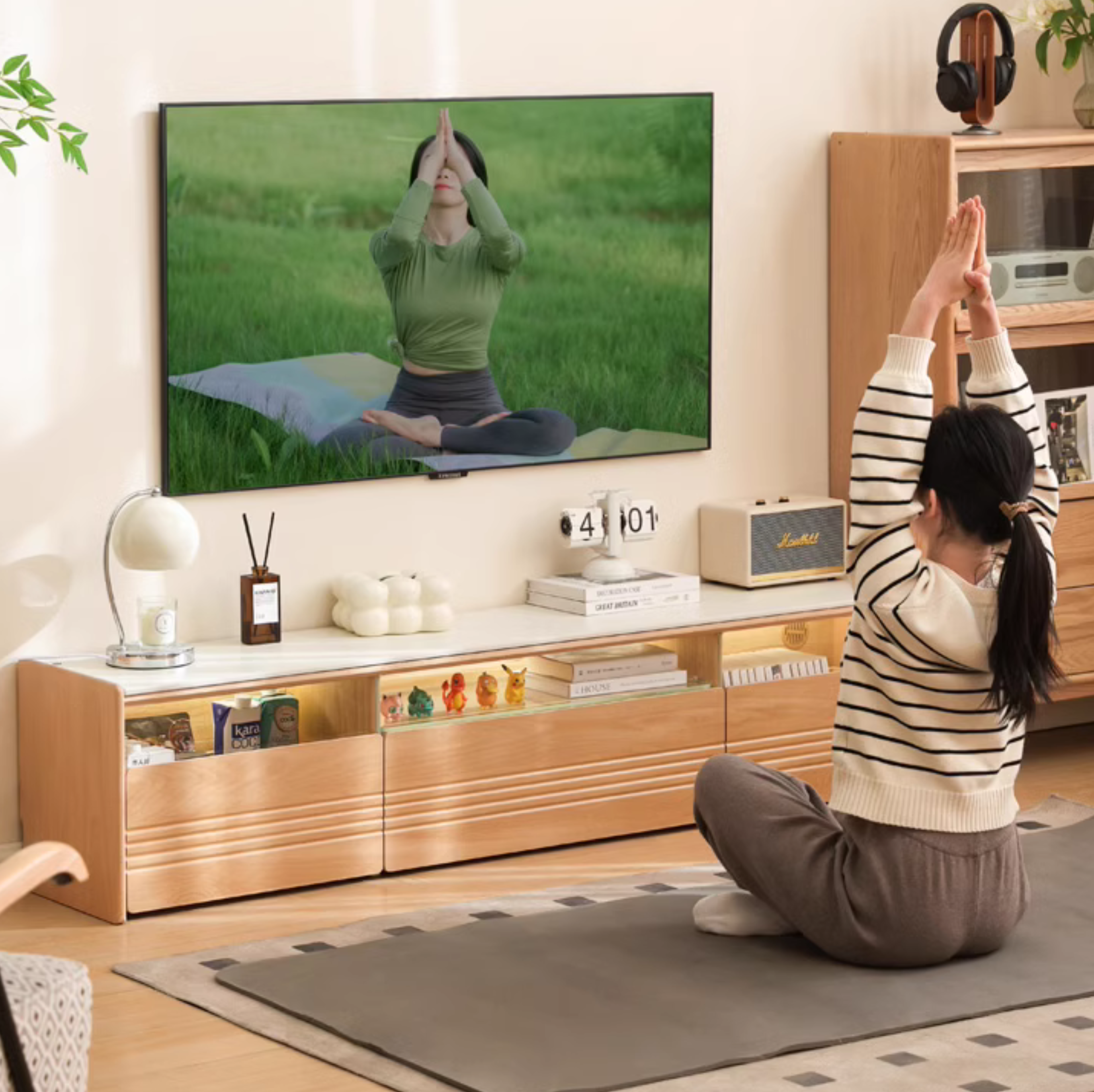 Beech Solid Wood Floor Rock Board TV Stand