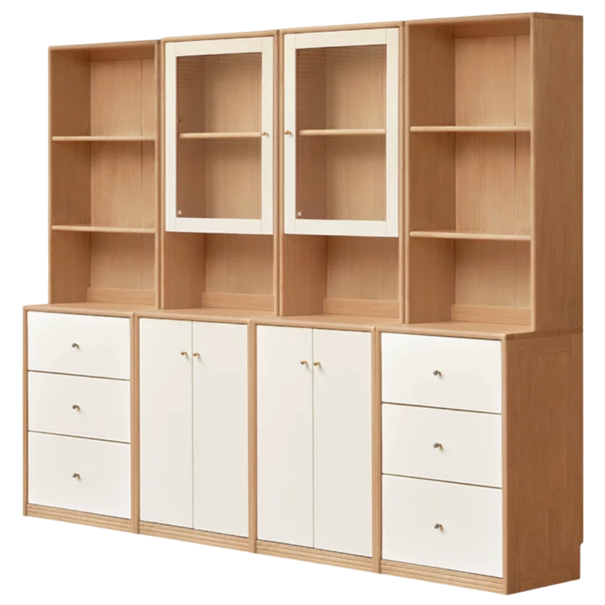Oak Solid Wood, Solid Rubberwood Modular Glass Door Wall Unit Bookcase with Storage