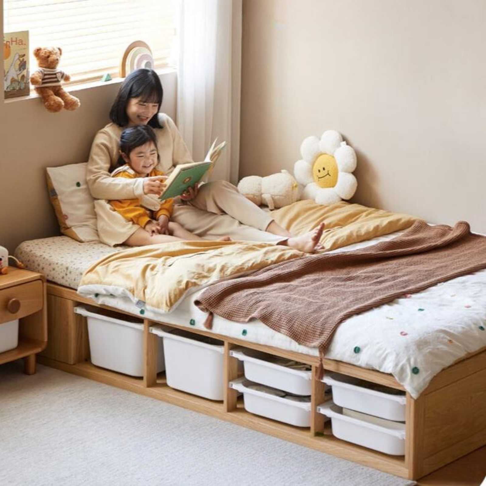 Oak Solid Wood Children's Box Platform Bed, Headboard-Free Bed