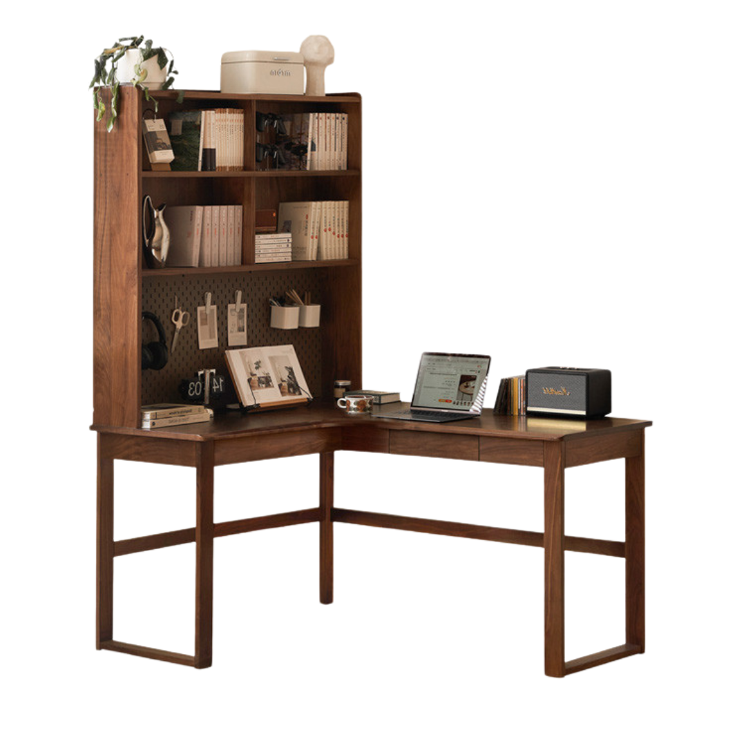 Black Walnut, Oak Solid Wood Corner Desk Bookshelf