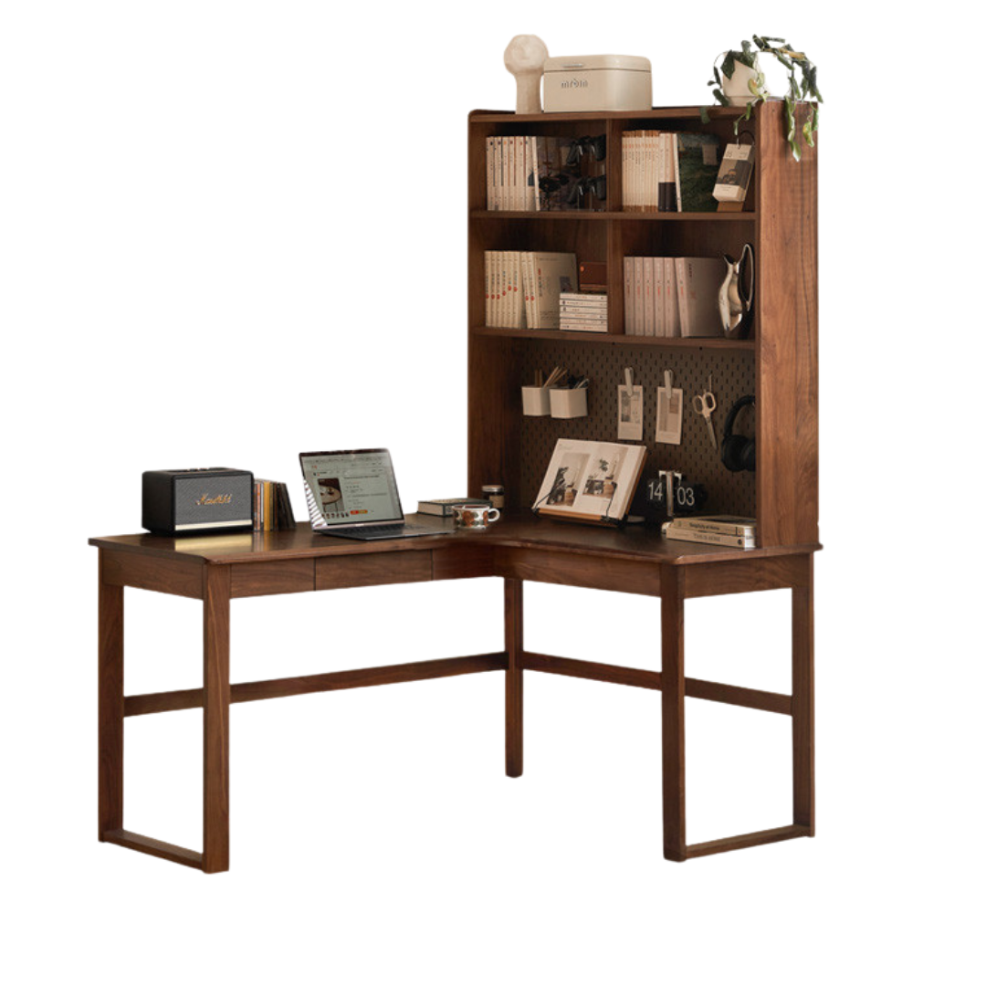 Black Walnut, Oak Solid Wood Corner Desk Bookshelf