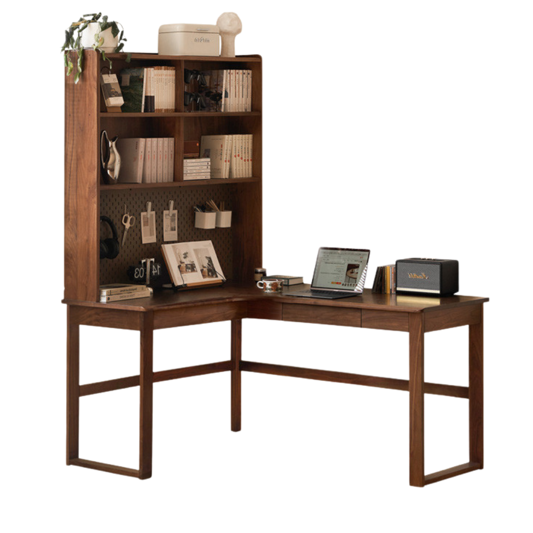 Black Walnut, Oak Solid Wood Corner Desk Bookshelf