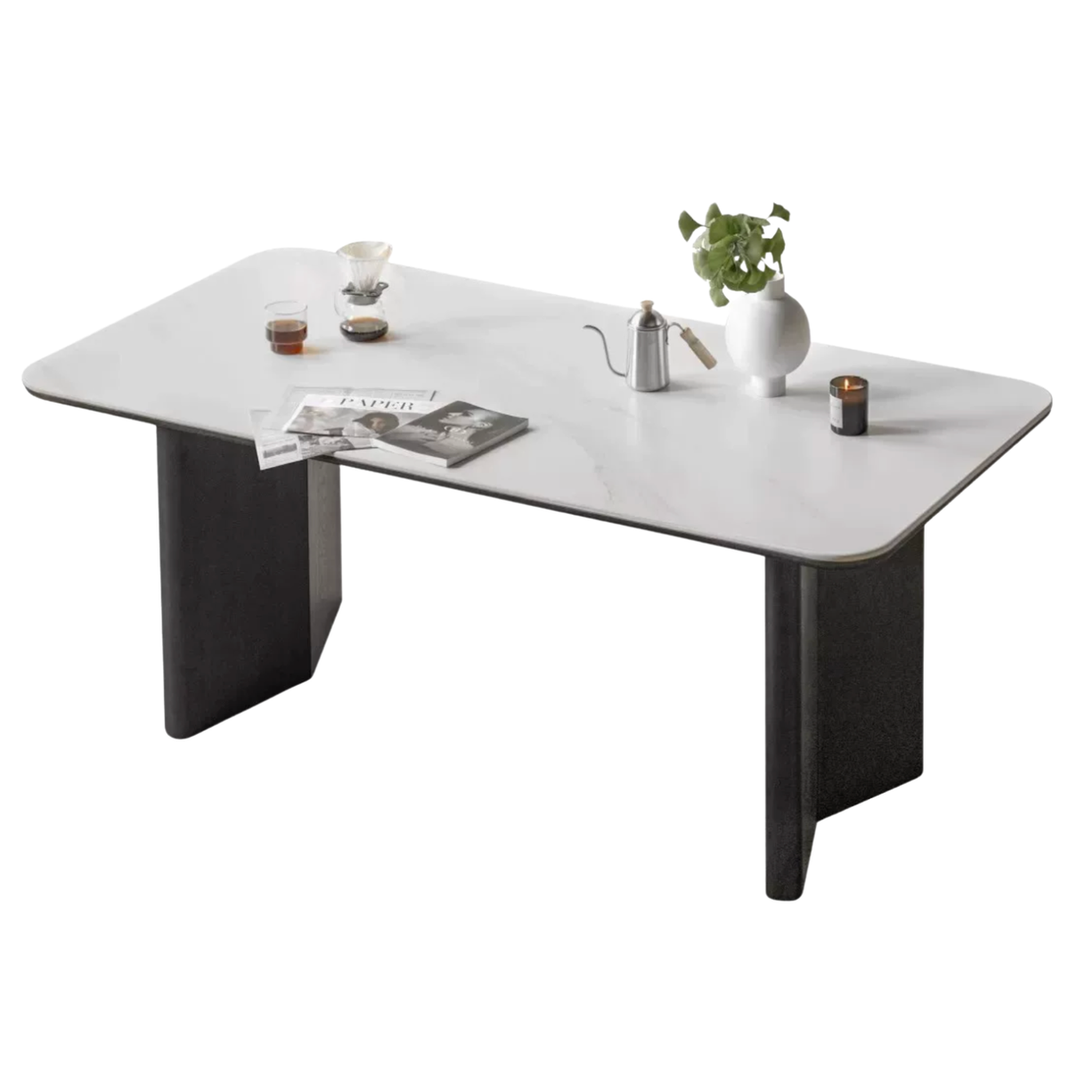 Oak Solid Wood, Solid Rubberwood Stone Top Dining Table with Angled Panel Legs