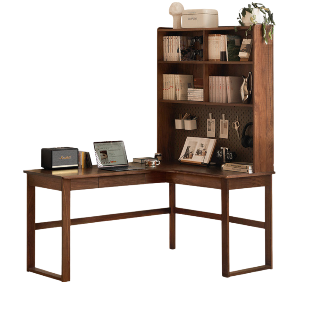 Black Walnut, Oak Solid Wood Corner Desk Bookshelf