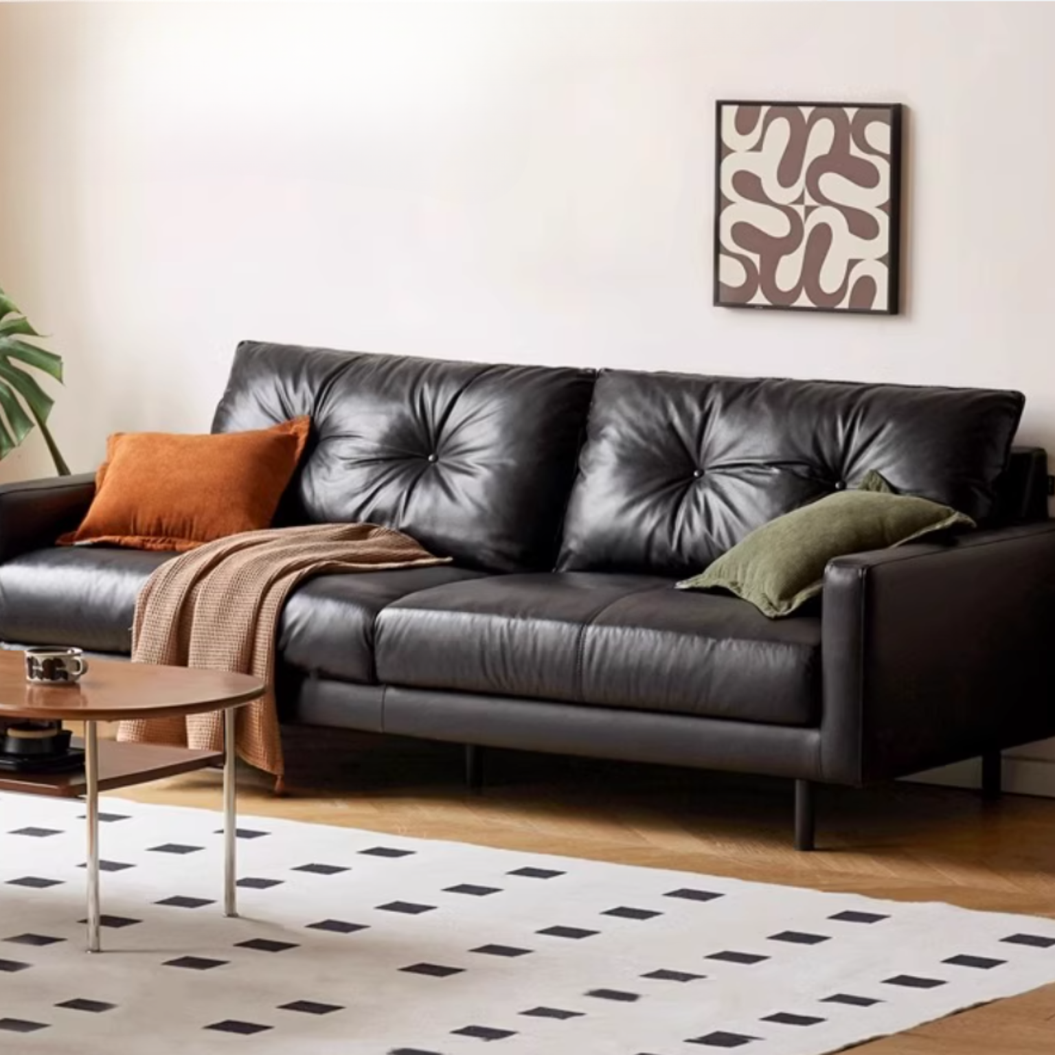 Leather Sofa, Black Top Layer Light Luxury Cowhide Sofa
