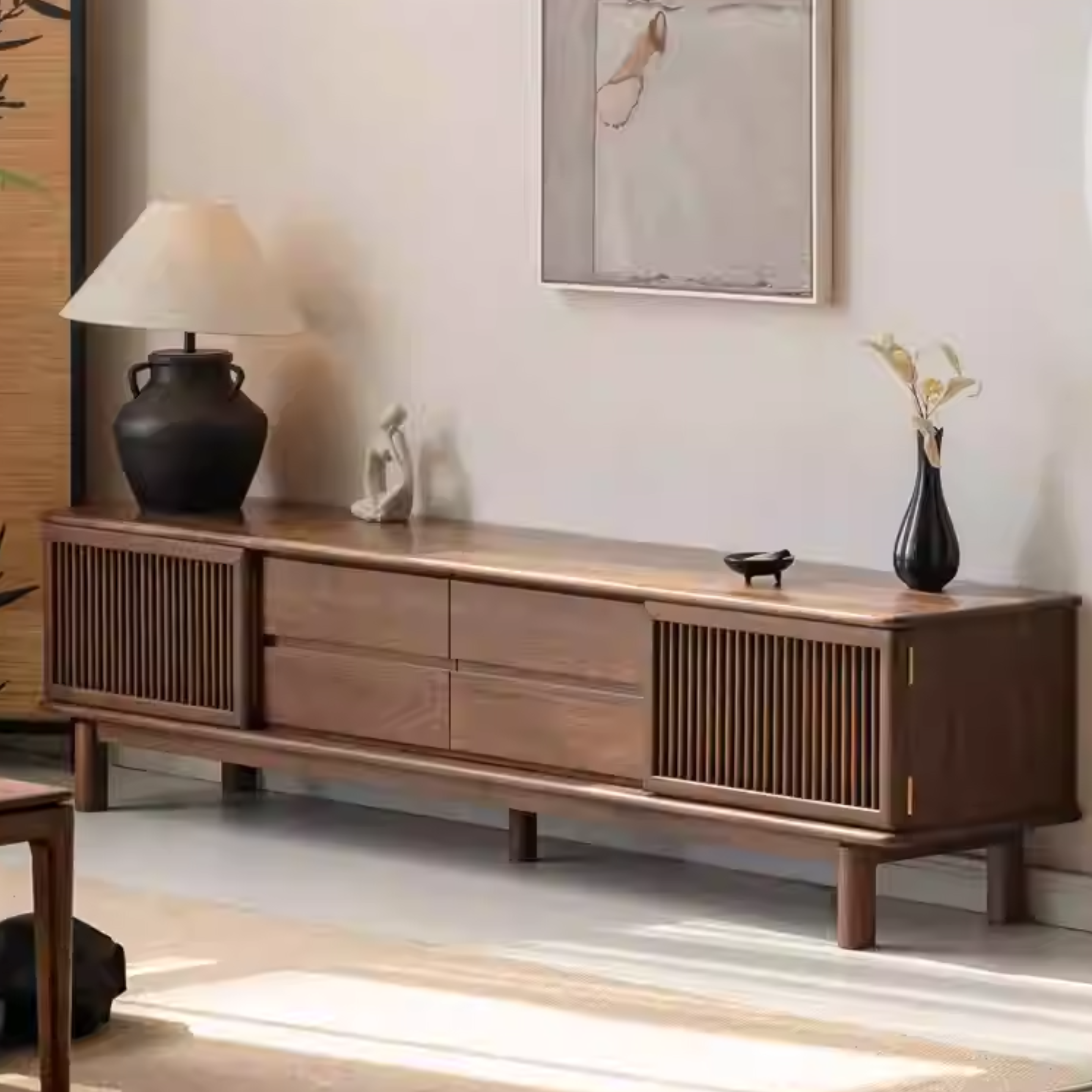 Black Walnut Solid Wood Floor TV Cabinet