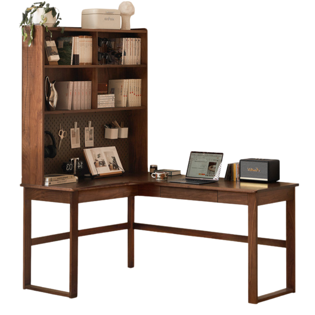 Black Walnut, Oak Solid Wood Corner Desk Bookshelf