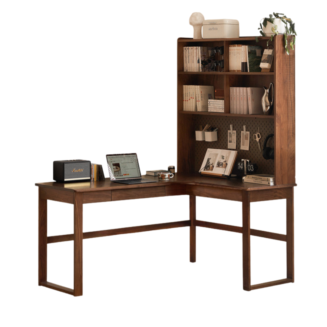 Black walnut, Oak Solid Wood Corner Desk Bookshelf