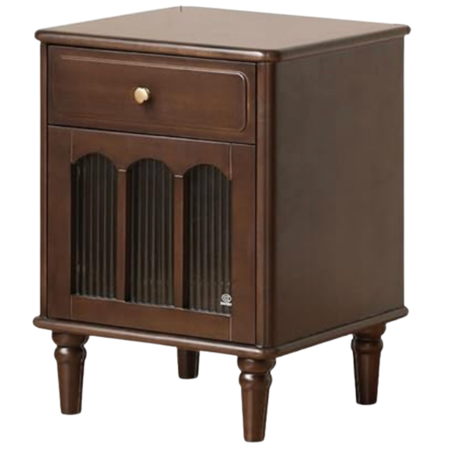 Solid RubberWood, Poplar Nightstand with Reeded Glass Door and Turned Legs
