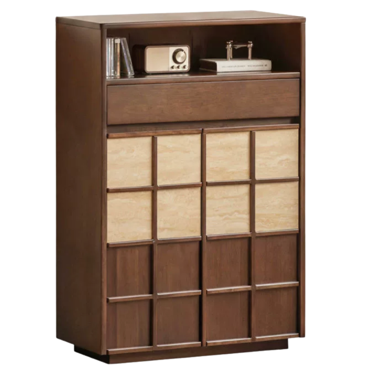 Golden Rosewood Solid Wood Tall Storage Cabinet with Lattice-Grid Doors and Stone Inlay Panels
