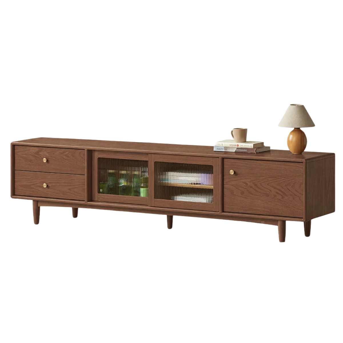 Ash Solid Wood Mid-Century TV Console with Fluted Glass Sliding Doors