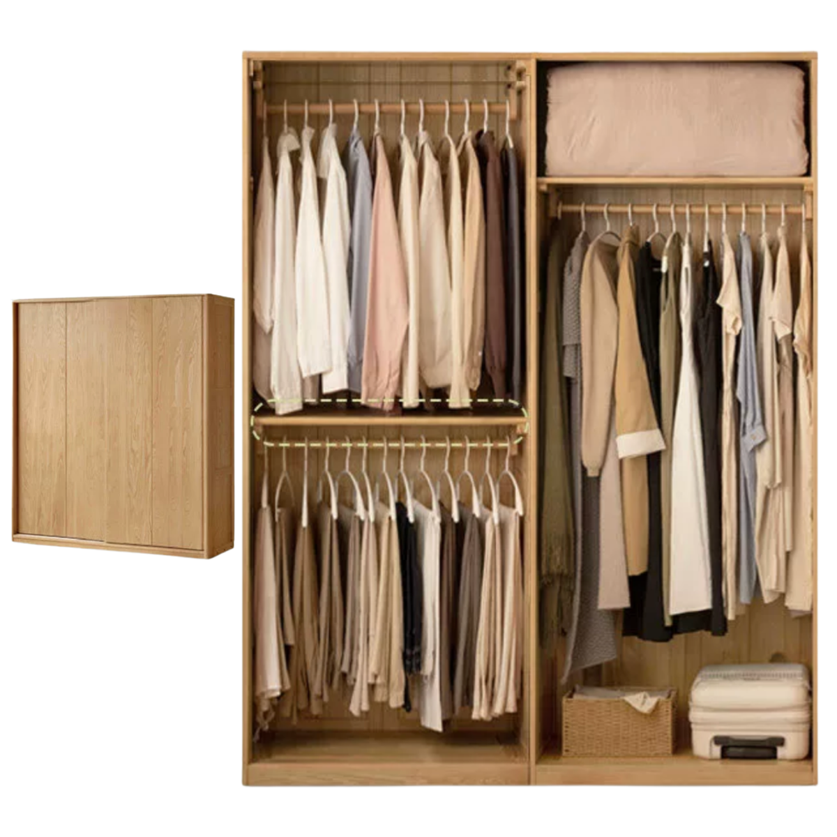 Ash Solid Wood Sliding Door Wardrobe with Built-In Shelves and Drawers