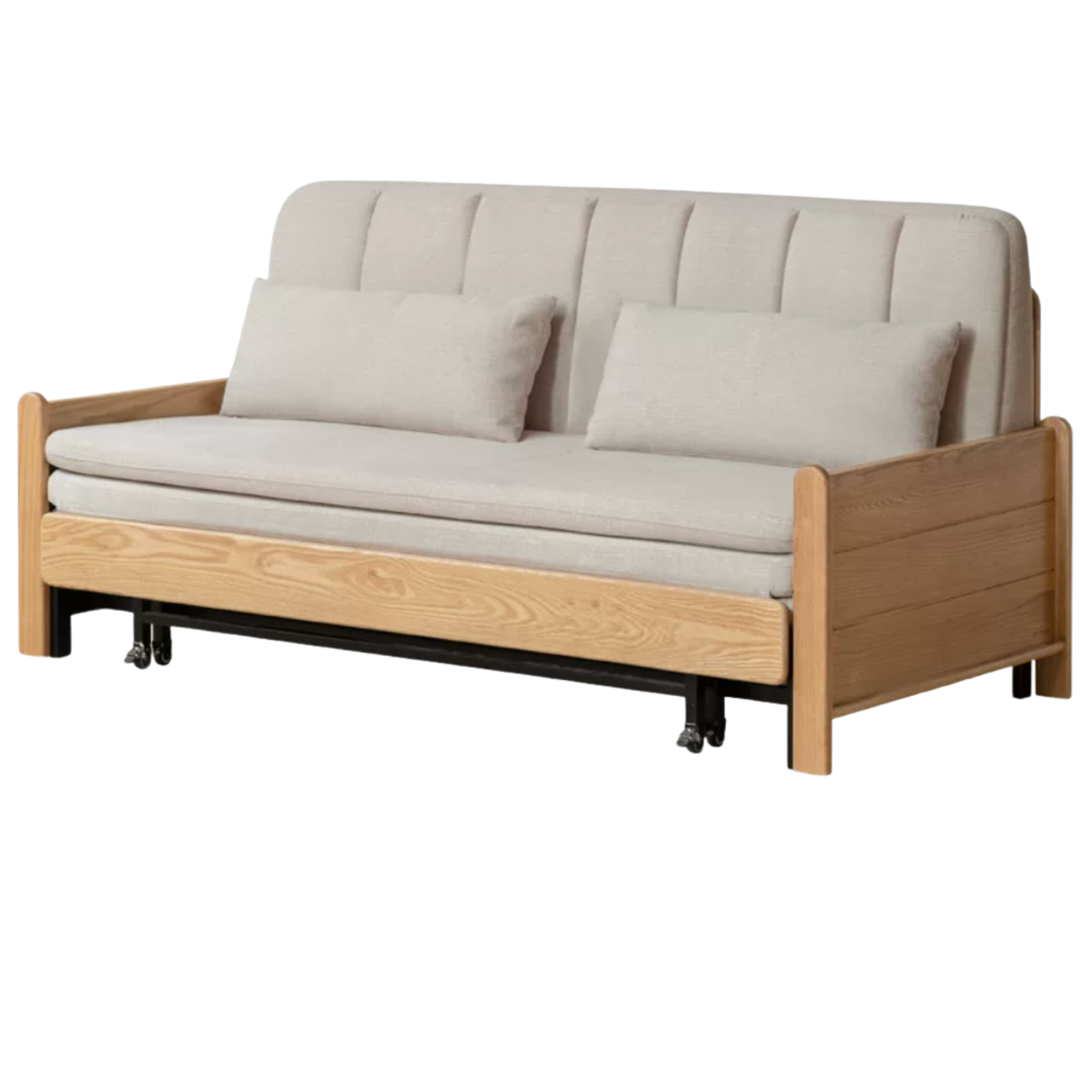 Ash, Oak Solid Wood Sleeper Sofa with Solid Wood Armrests and Built-In Wheels