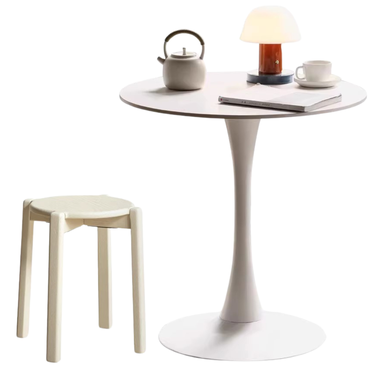 Rock slab top Small round dining table pure white,