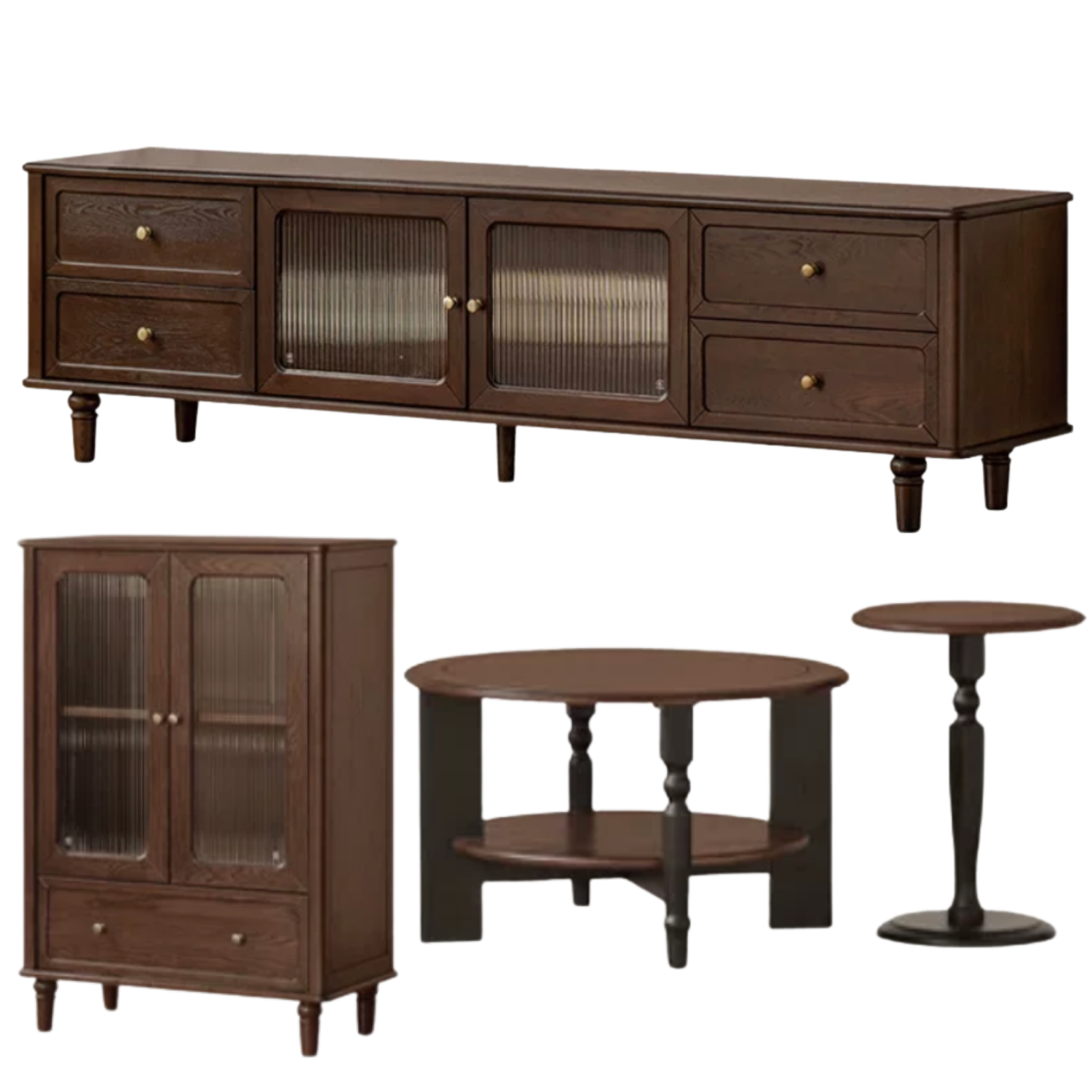 Ash Solid Wood Vintage TV Console with Fluted Glass Doors