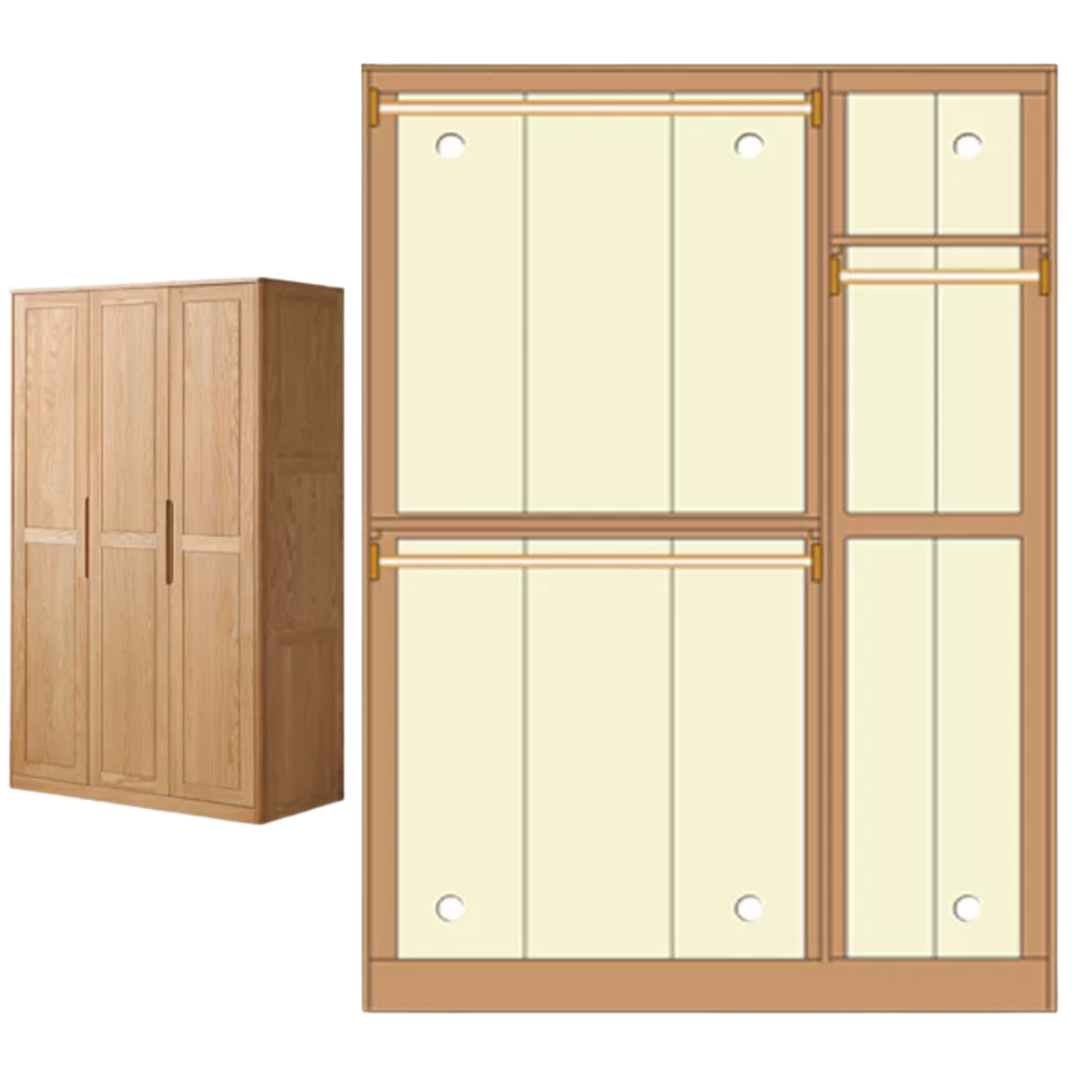 Oak solid wood Wardrobe with Flat Panel Doors and Groove Handles