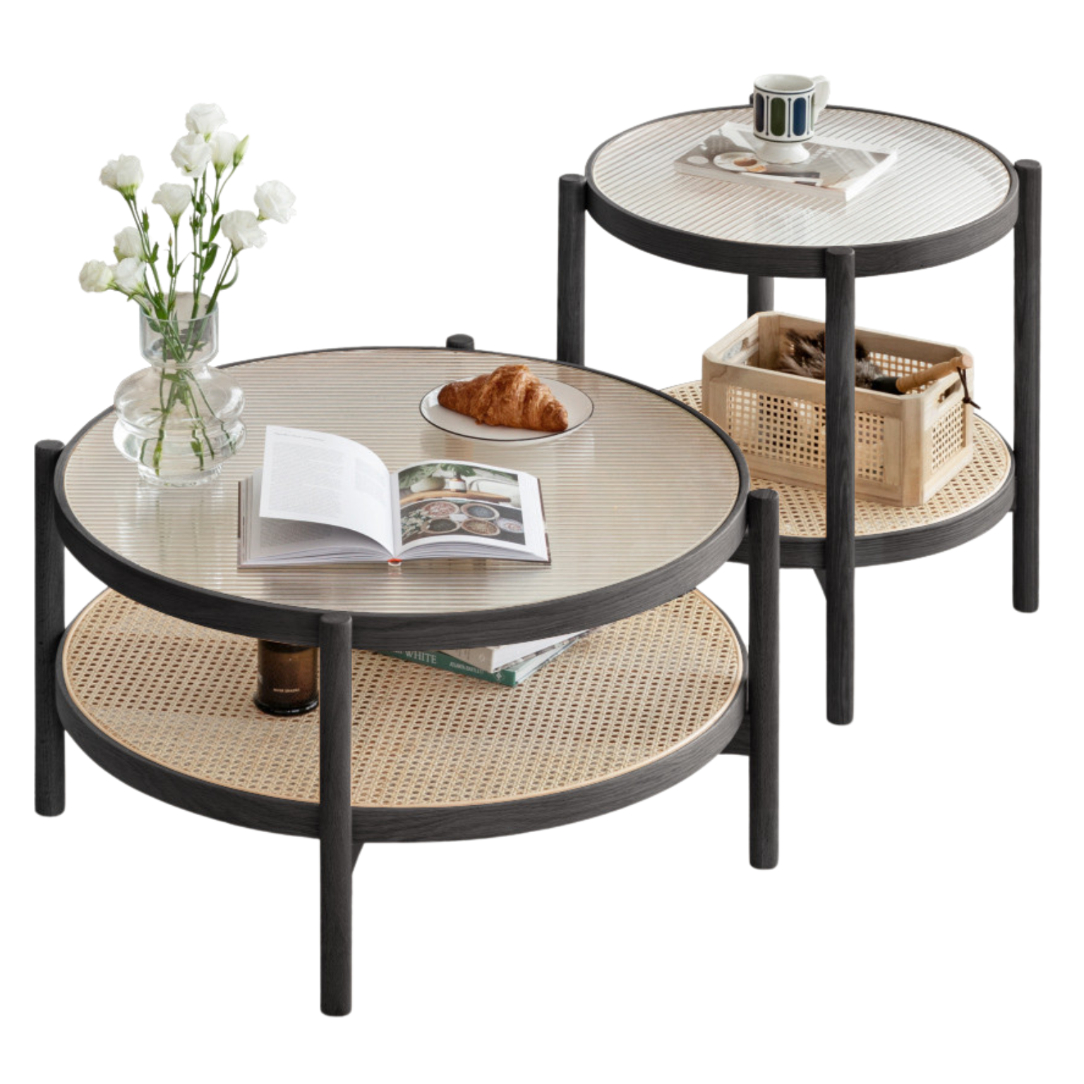 Oak Solid Wood Rattan Black Glass Round Coffee Table