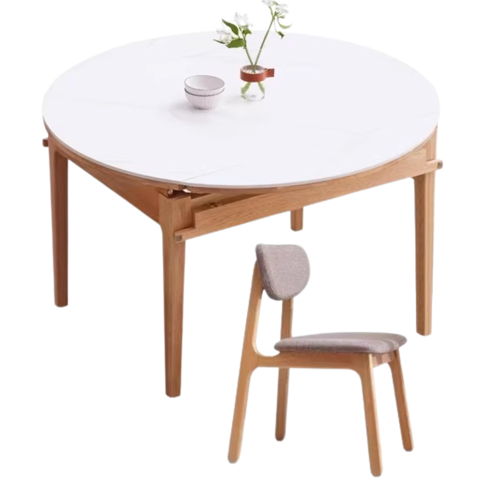 Oak solid wood Round folding dining table with rock slab surface,